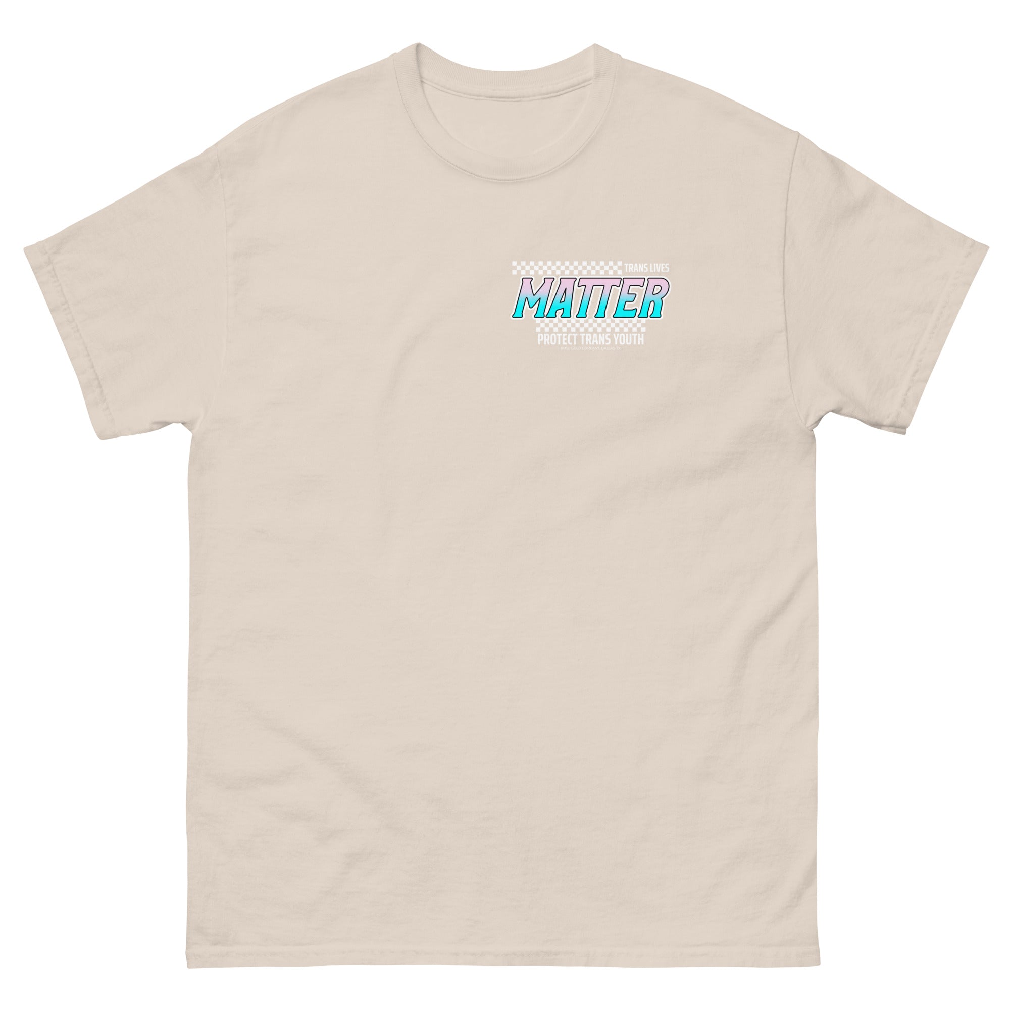 "Trans Lives Matter" racing style tee, view 12 — Rose Gold Co