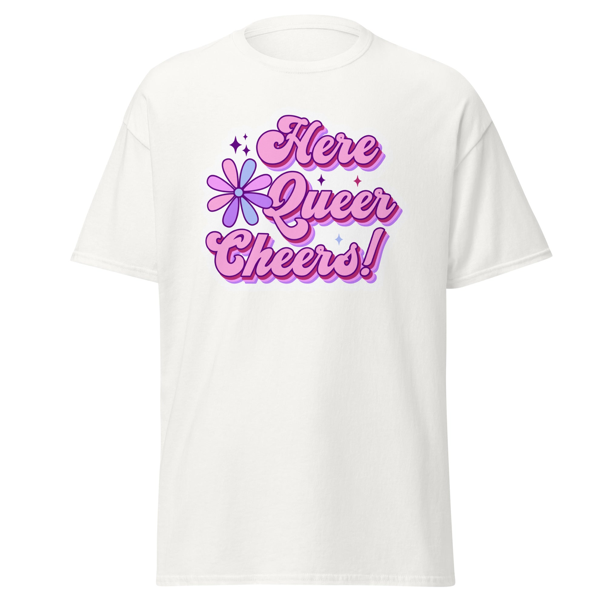 Here Queer Cheers tee, flat lay — Rose Gold Co