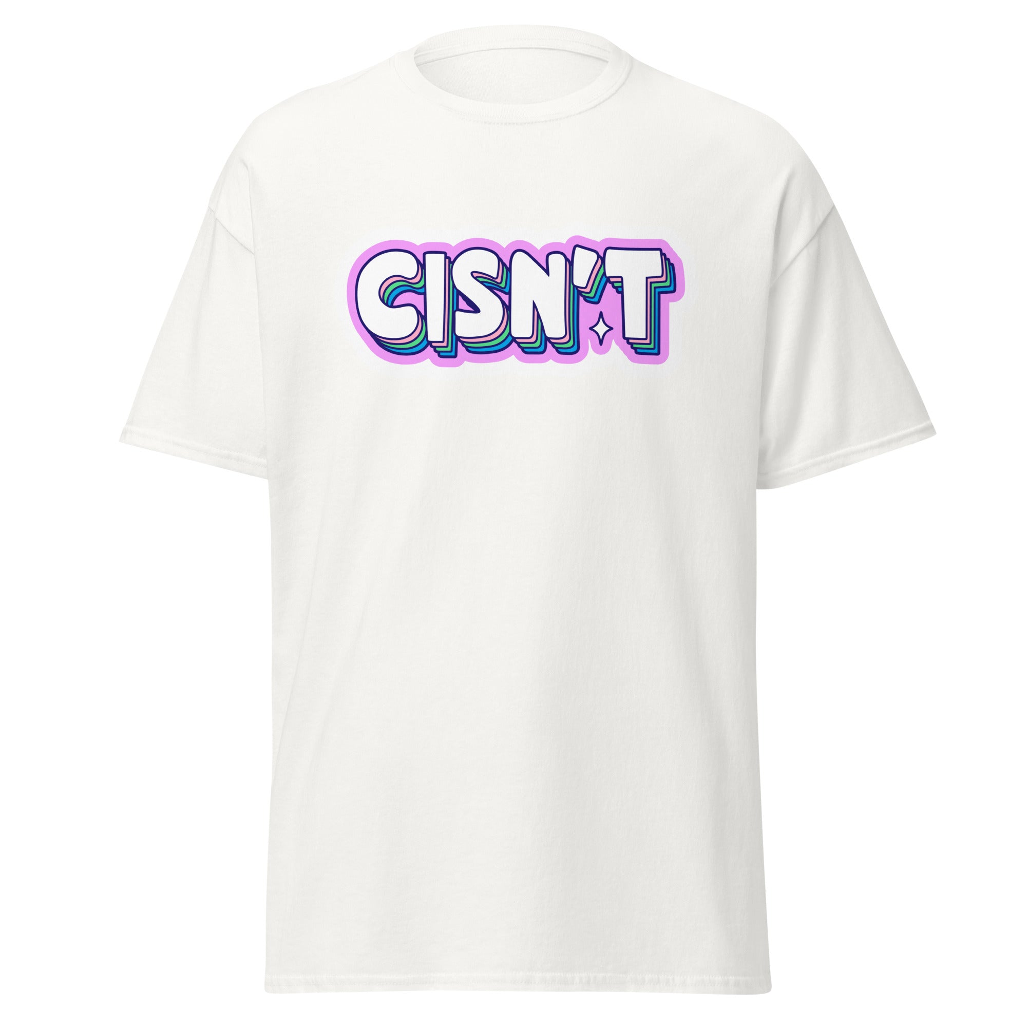 Cisn't trans pride tee, flat lay — Rose Gold Co