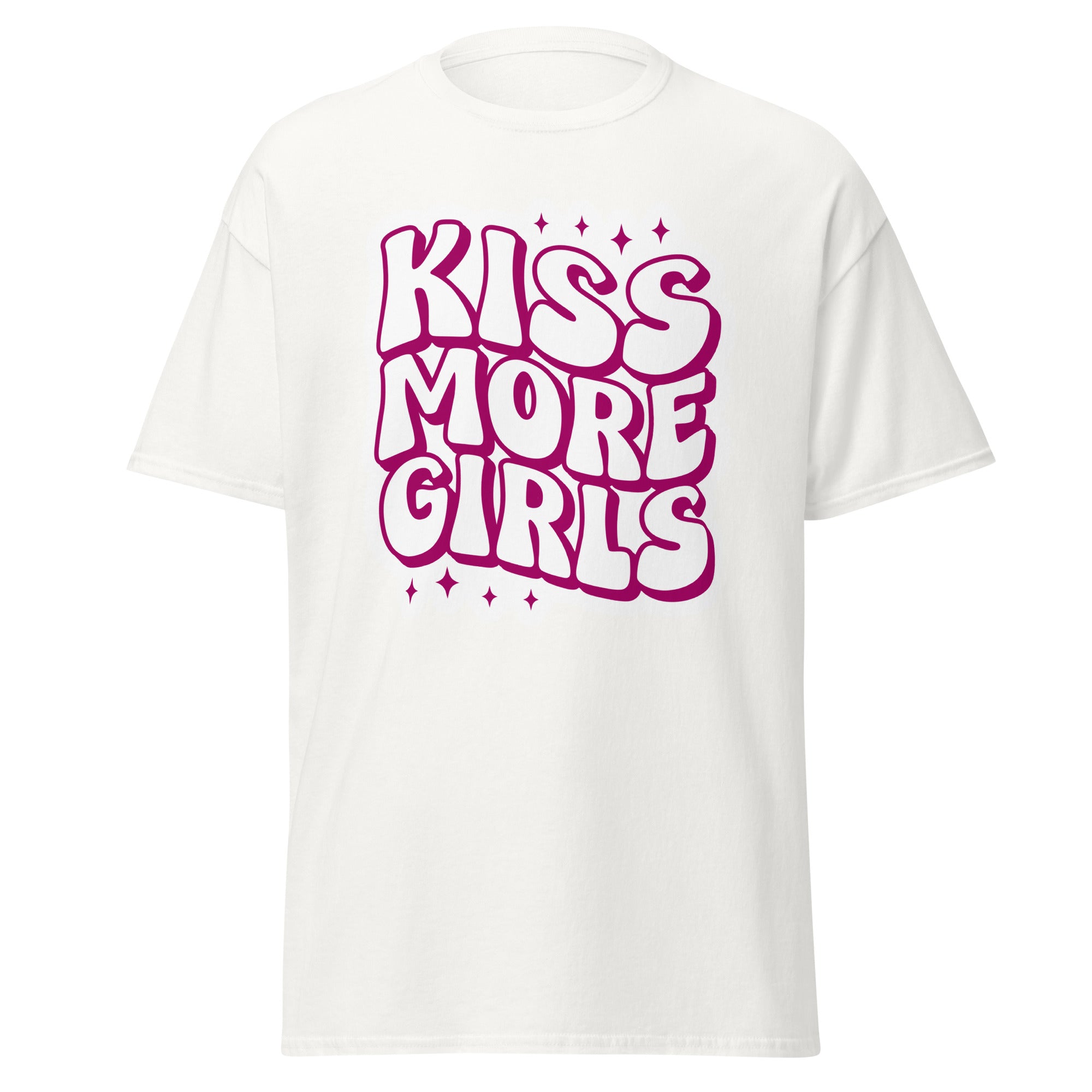 Kiss More Girls bold text tee, flat lay — Rose Gold Co