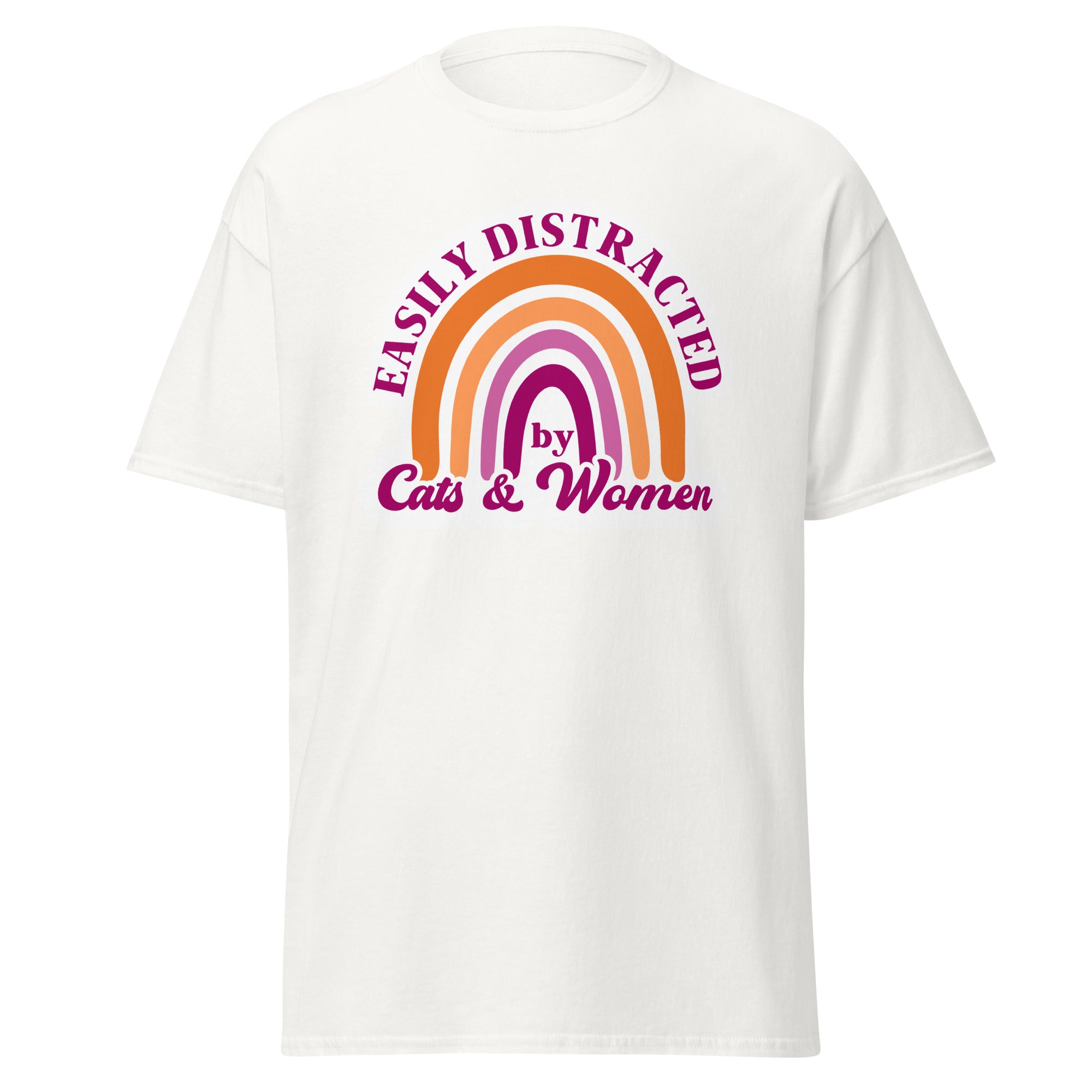 Easily Distracted by Cats and Women text tee, flat lay — Rose Gold Co