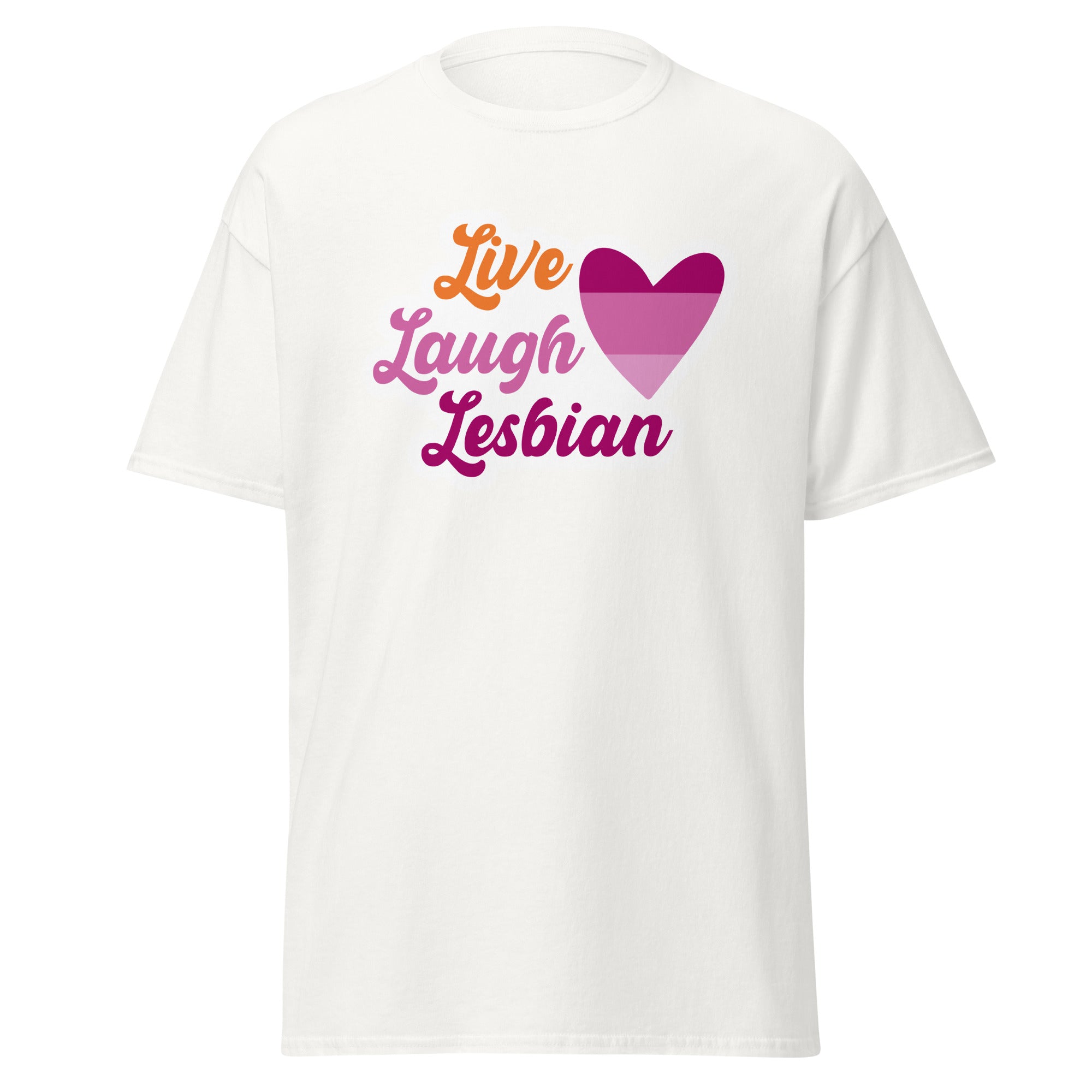 Live Laugh Lesbian tee, flat lay — Rose Gold Co