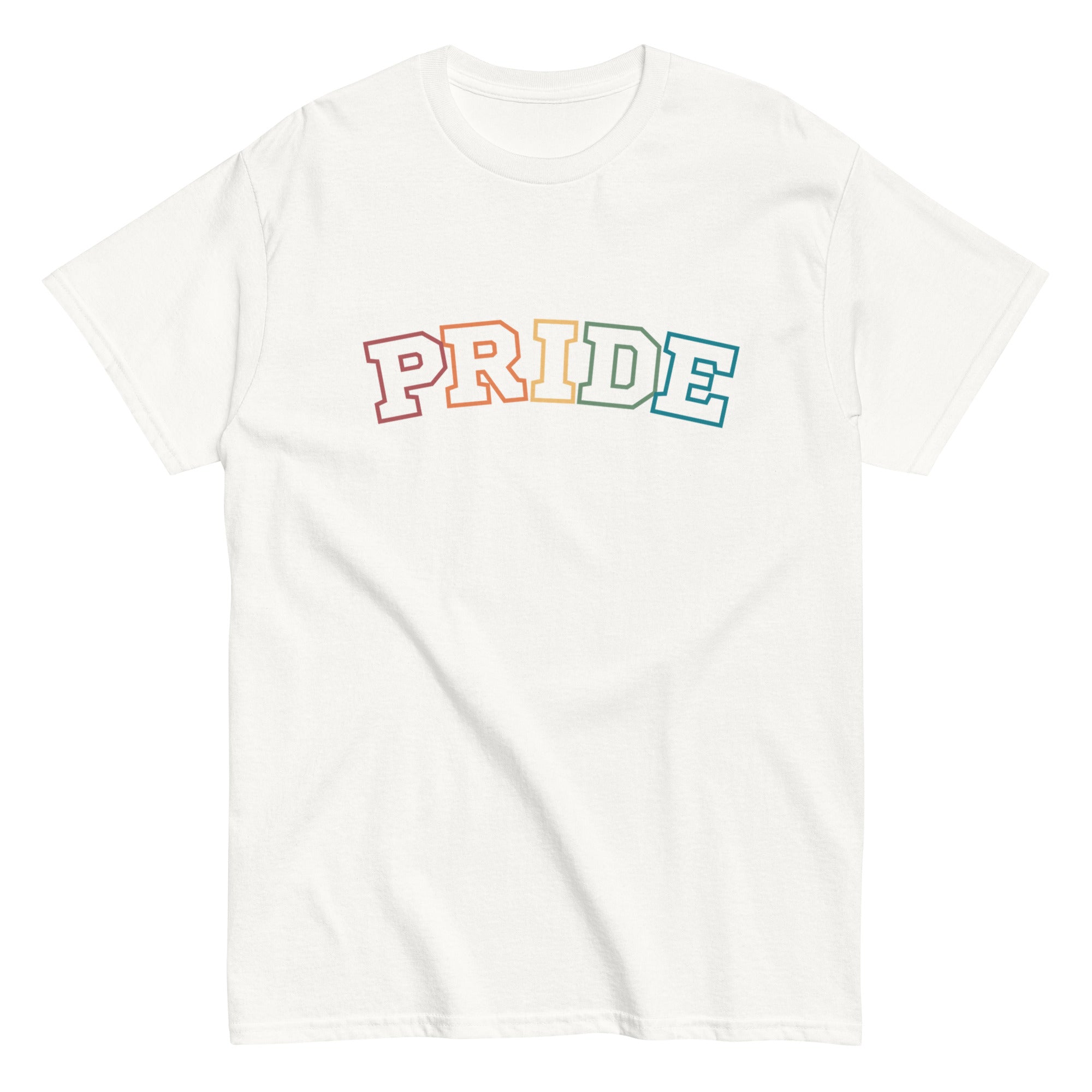 PRIDE rainbow varsity lettering tee, view 8 — Rose Gold Co