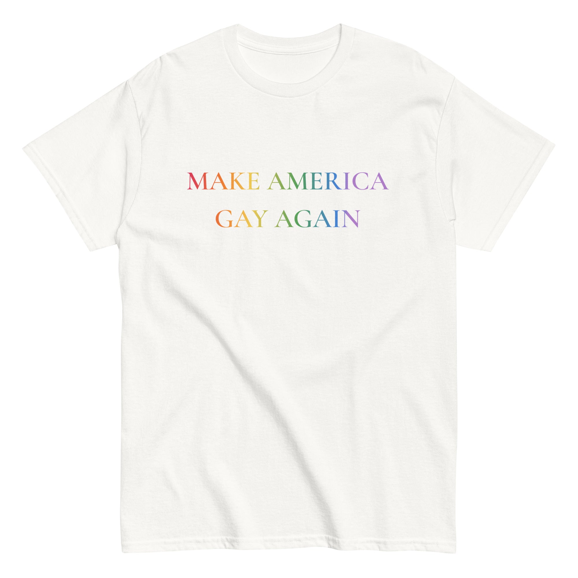 "Make America Gay Again" rainbow slogan tee, view 8 — Rose Gold Co