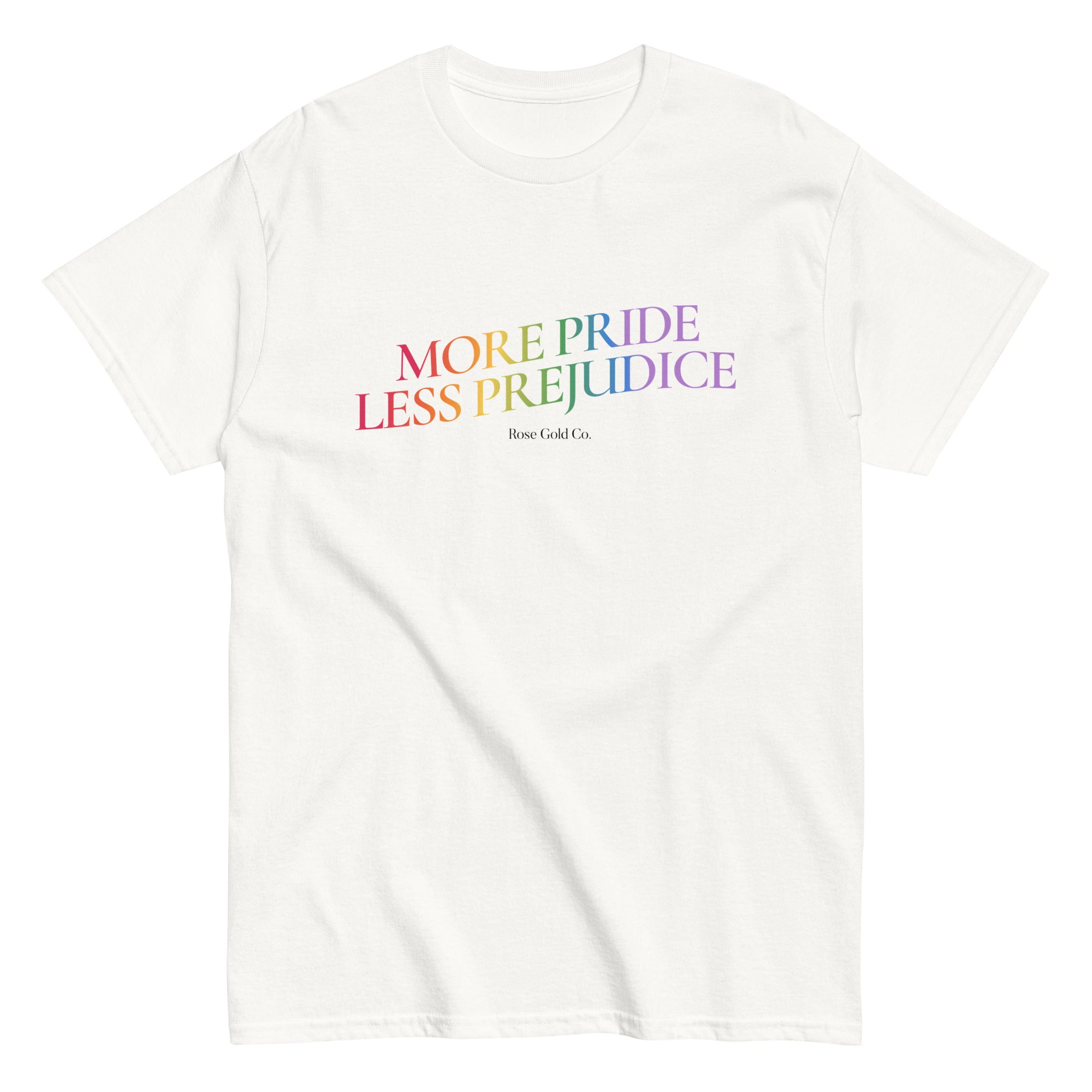 "More Pride, Less Prejudice" rainbow pride tee, view 8 — Rose Gold Co