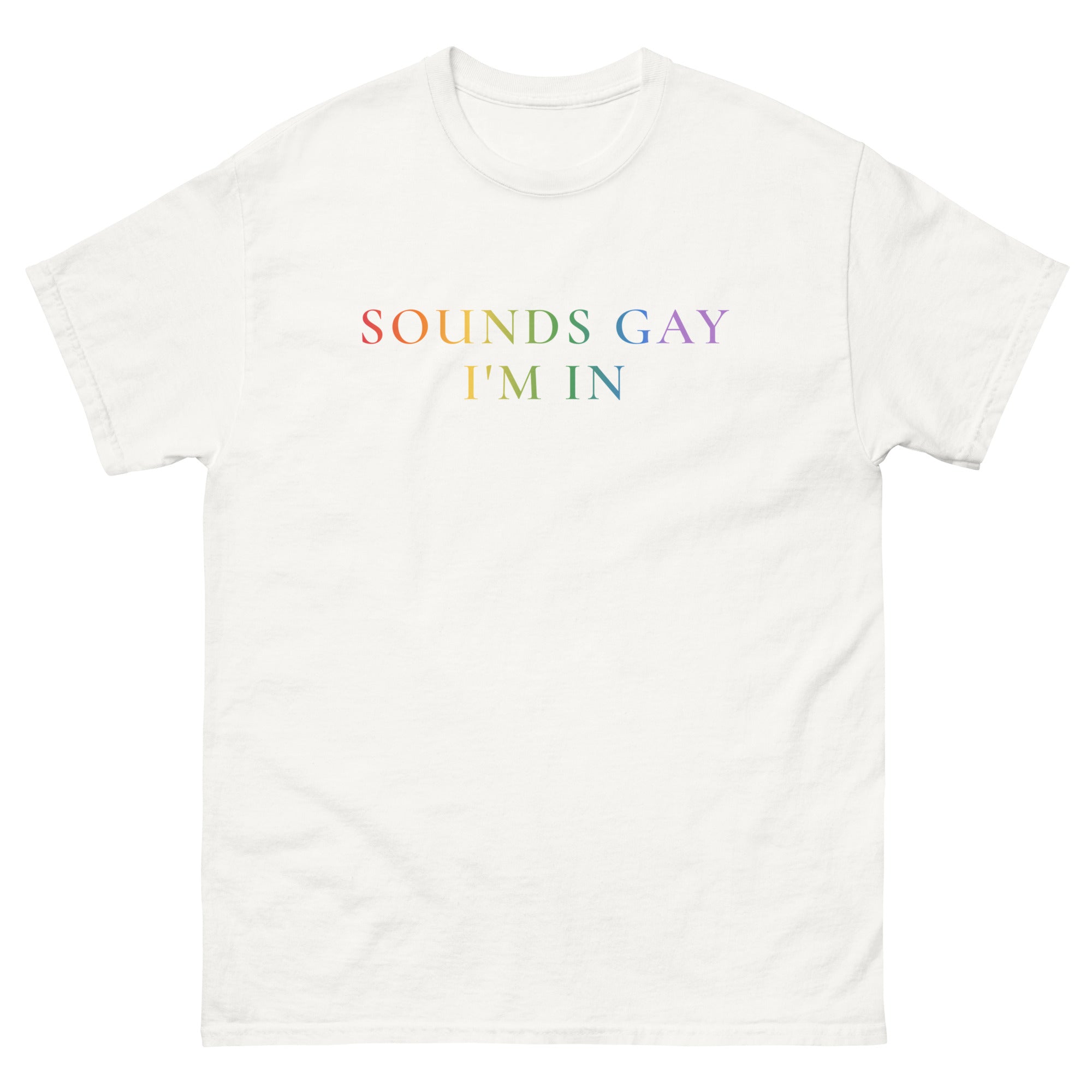 "Sounds Gay, I'm In" rainbow font tee, view 6 — Rose Gold Co