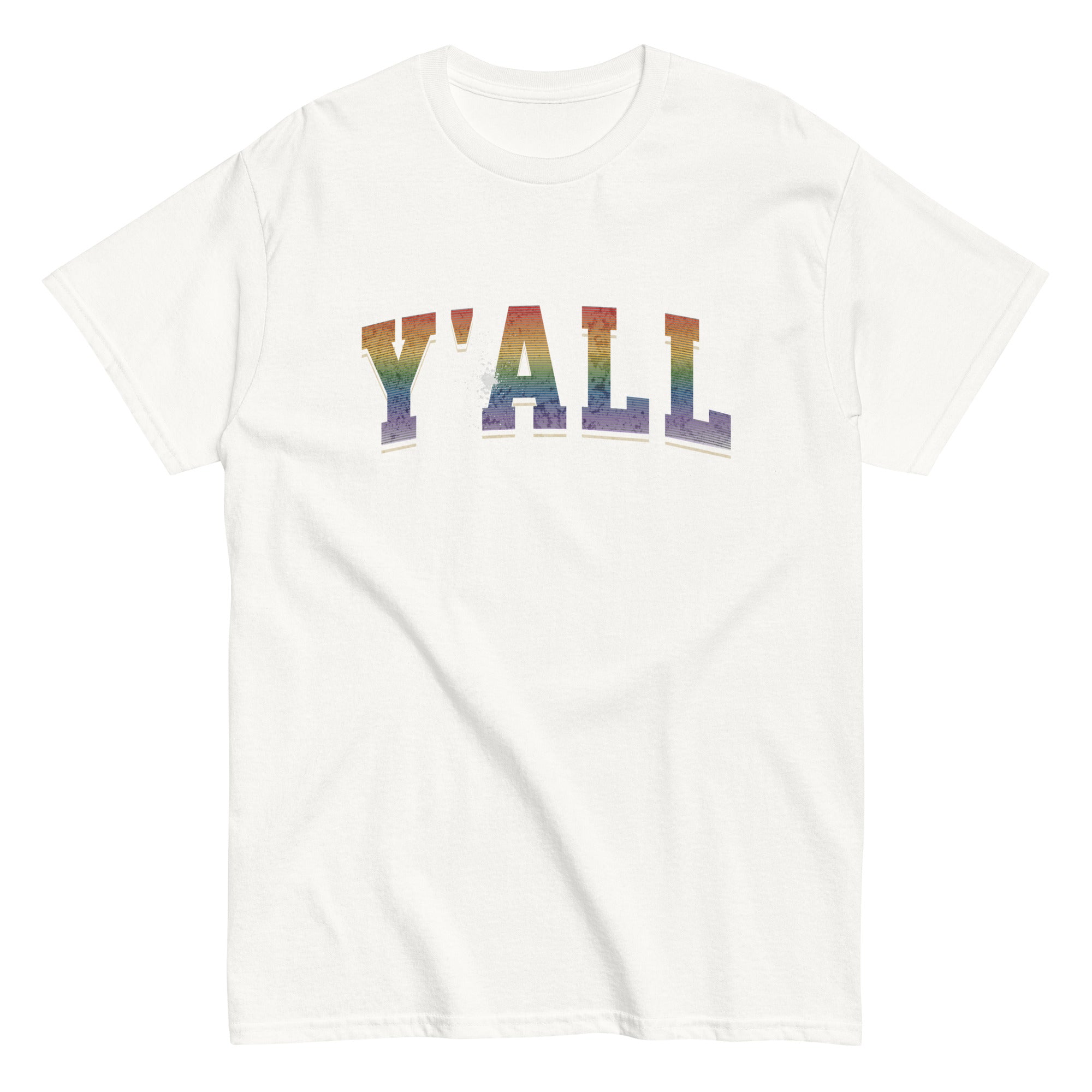 "Y'all" rainbow varsity gay pride tee, view 4 — Rose Gold Co