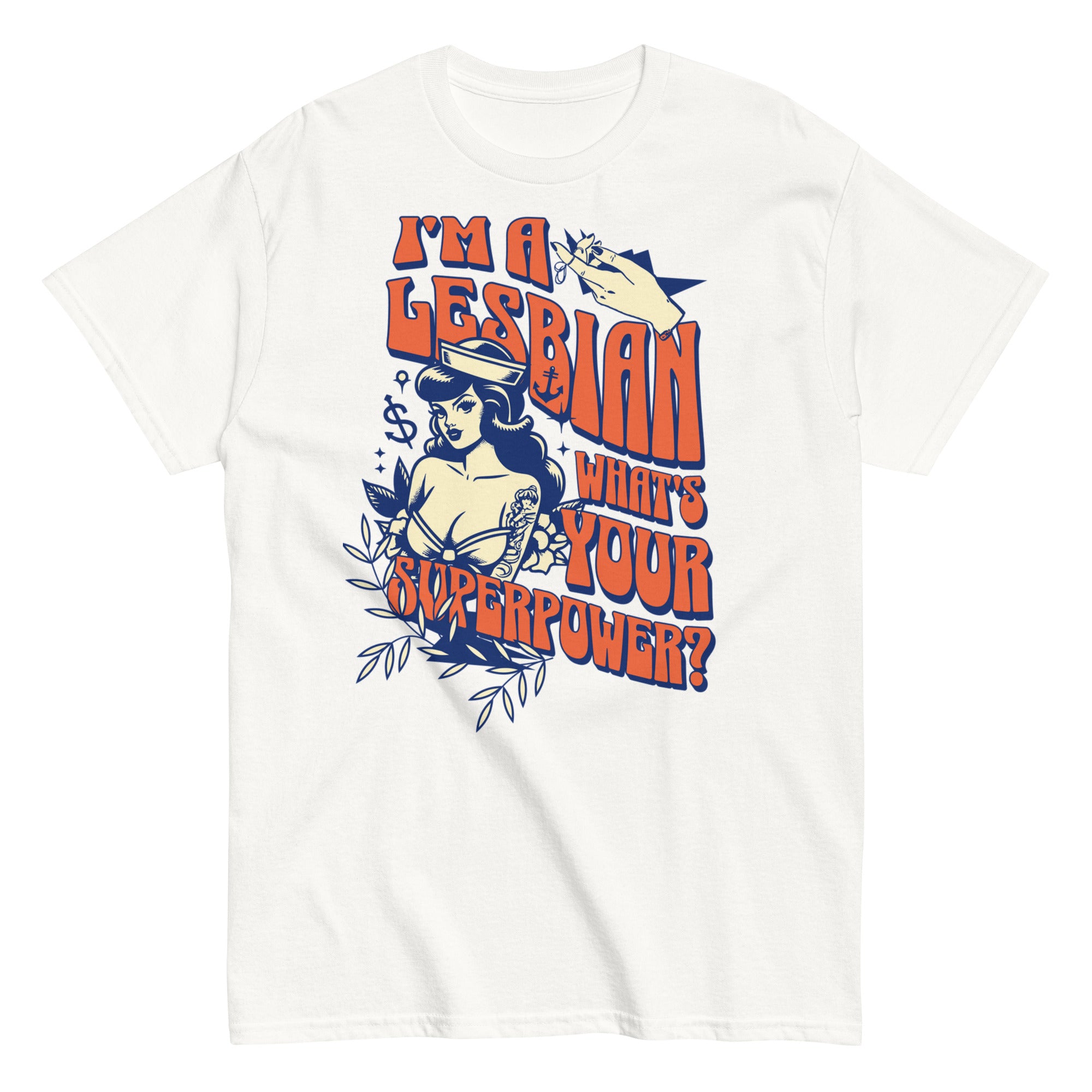 "Lesbian Superpower" retro rainbow tee, view 5 — Rose Gold Co