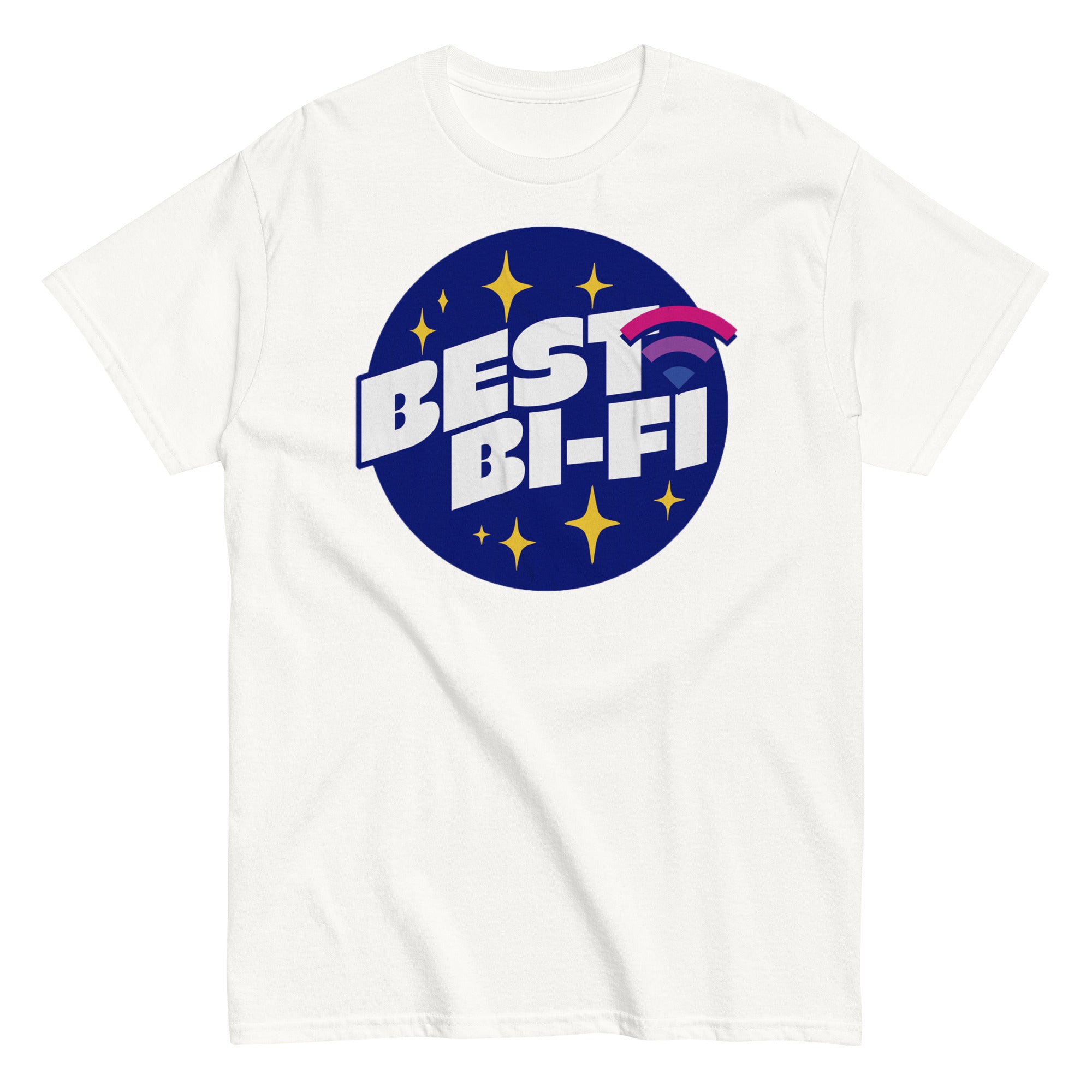 "Best Bi-Fi" bisexual pride pun tee, view 7 — Rose Gold Co