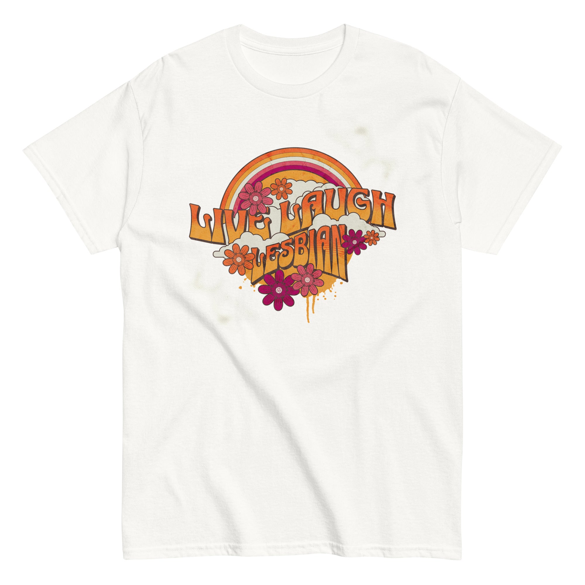 "Live, Laugh, Lesbian" retro rainbow tee, view 7 — Rose Gold Co