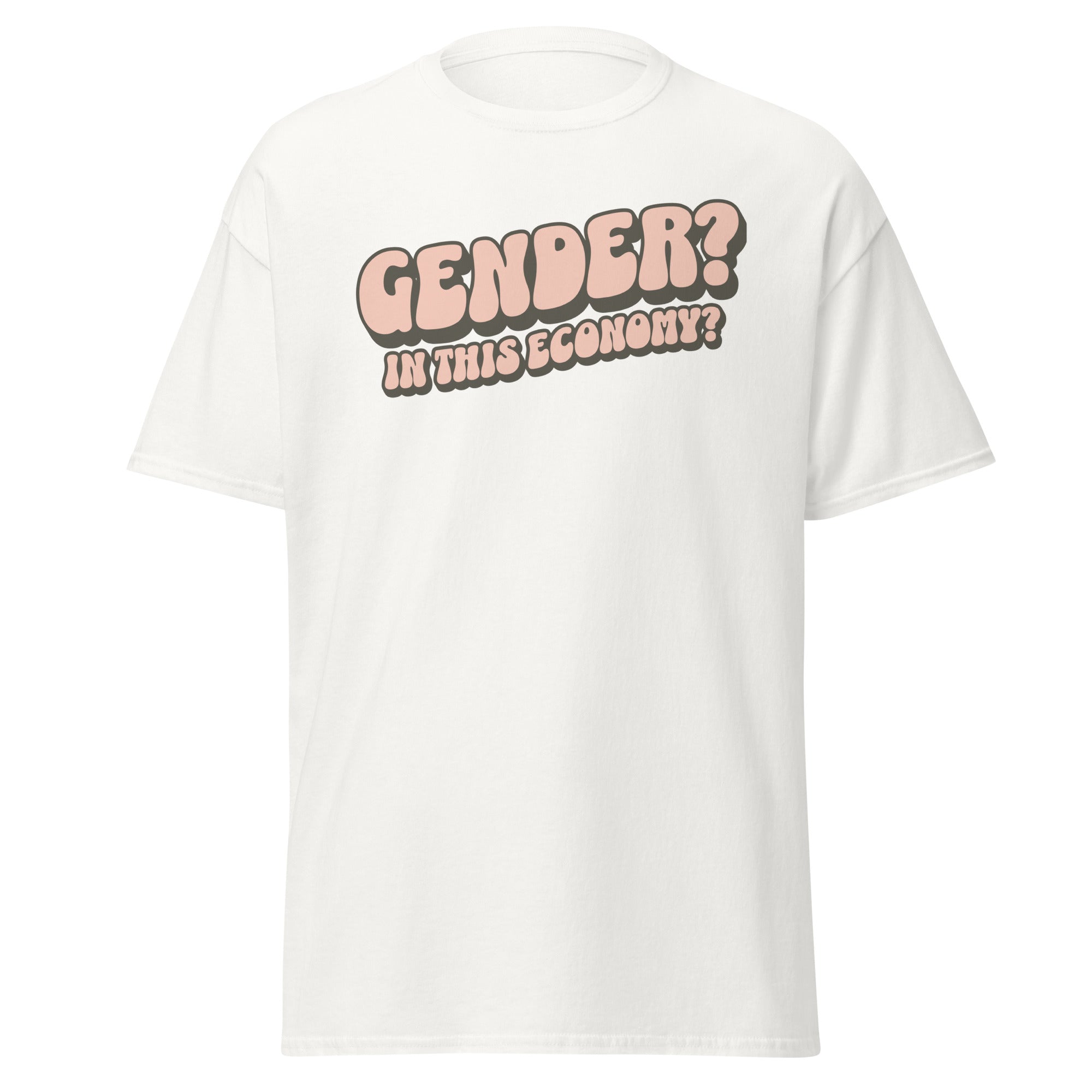 "Gender? In This Economy?" nonbinary humor tee, view 6 — Rose Gold Co