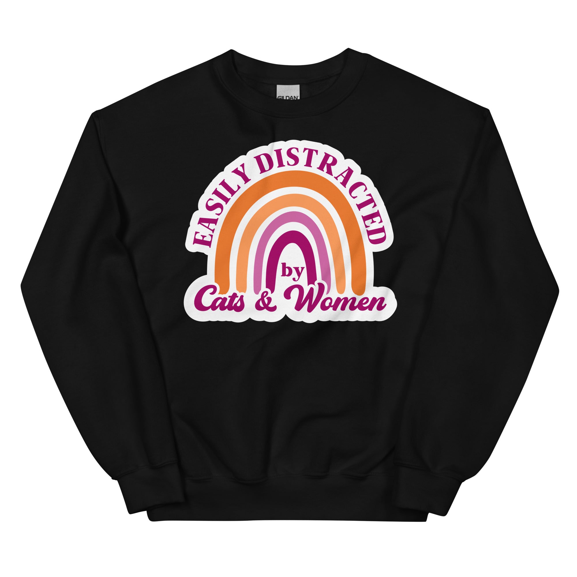 Easily Distracted by Cats & Women crewneck sweatshirt, black, front view — Rose Gold Co