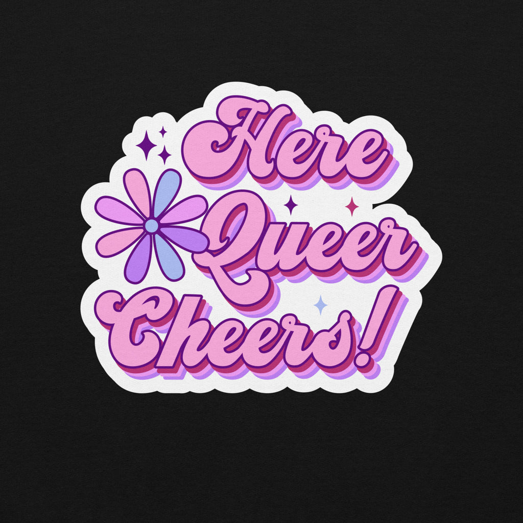 "Here, Queer, Cheers!" celebration crewneck sweatshirt, view 2 — Rose Gold Co