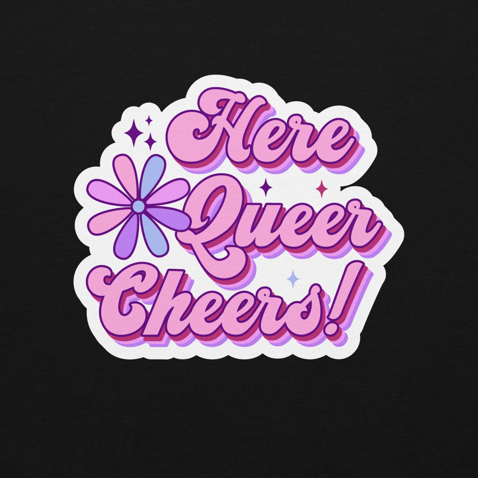 "Here, Queer, Cheers!" celebration crewneck sweatshirt, view 2 — Rose Gold Co