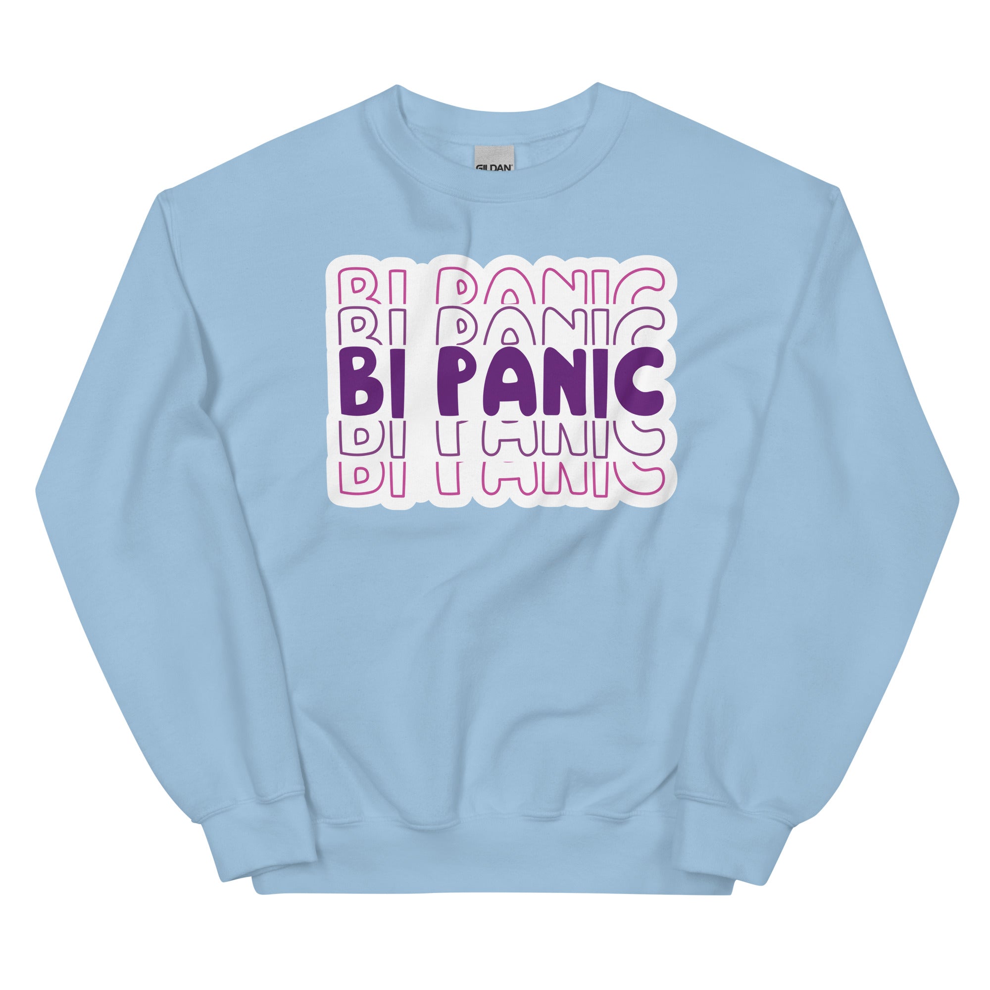 Bi Panic crewneck sweatshirt, light blue, front view — Rose Gold Co