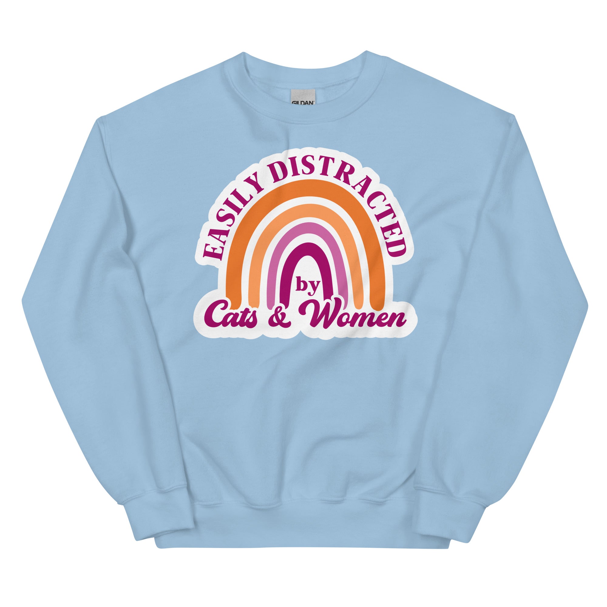 Easily Distracted by Cats & Women crewneck sweatshirt, light blue, front view — Rose Gold Co