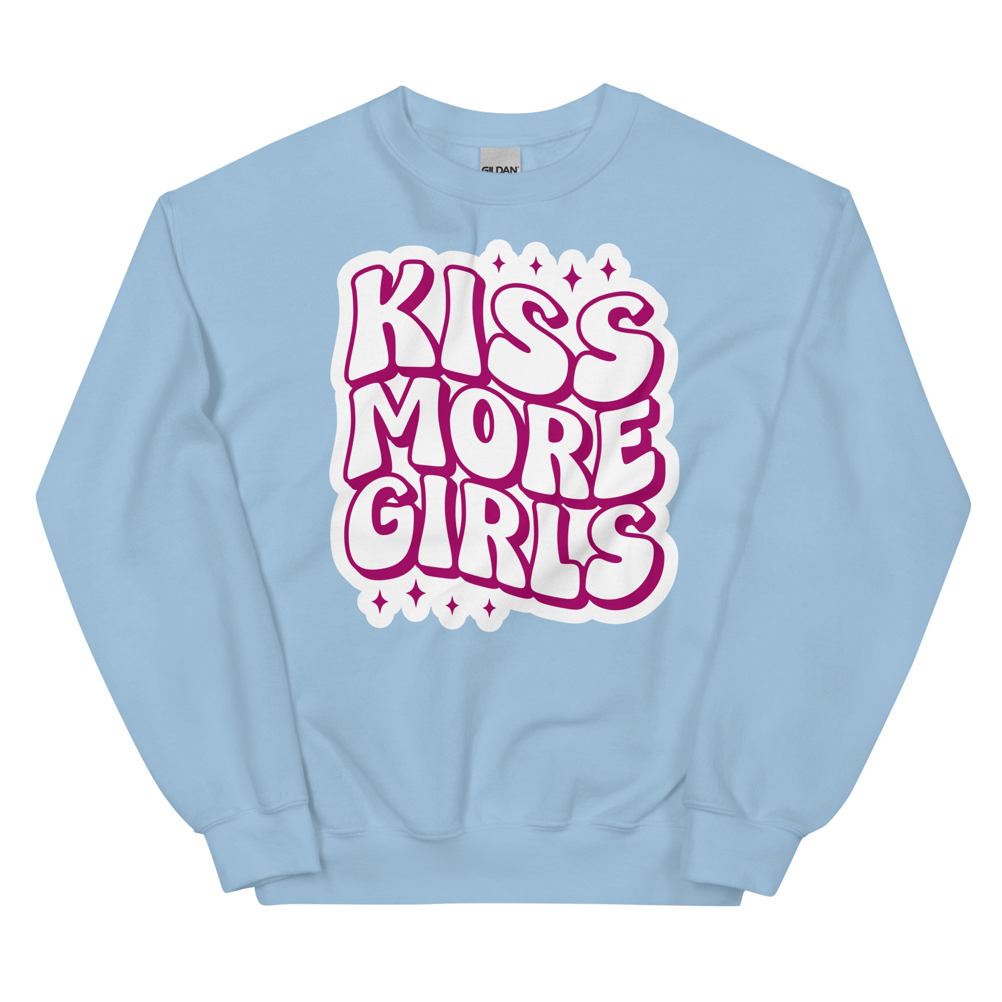Kiss More Girls crewneck sweatshirt, light blue, front view — Rose Gold Co