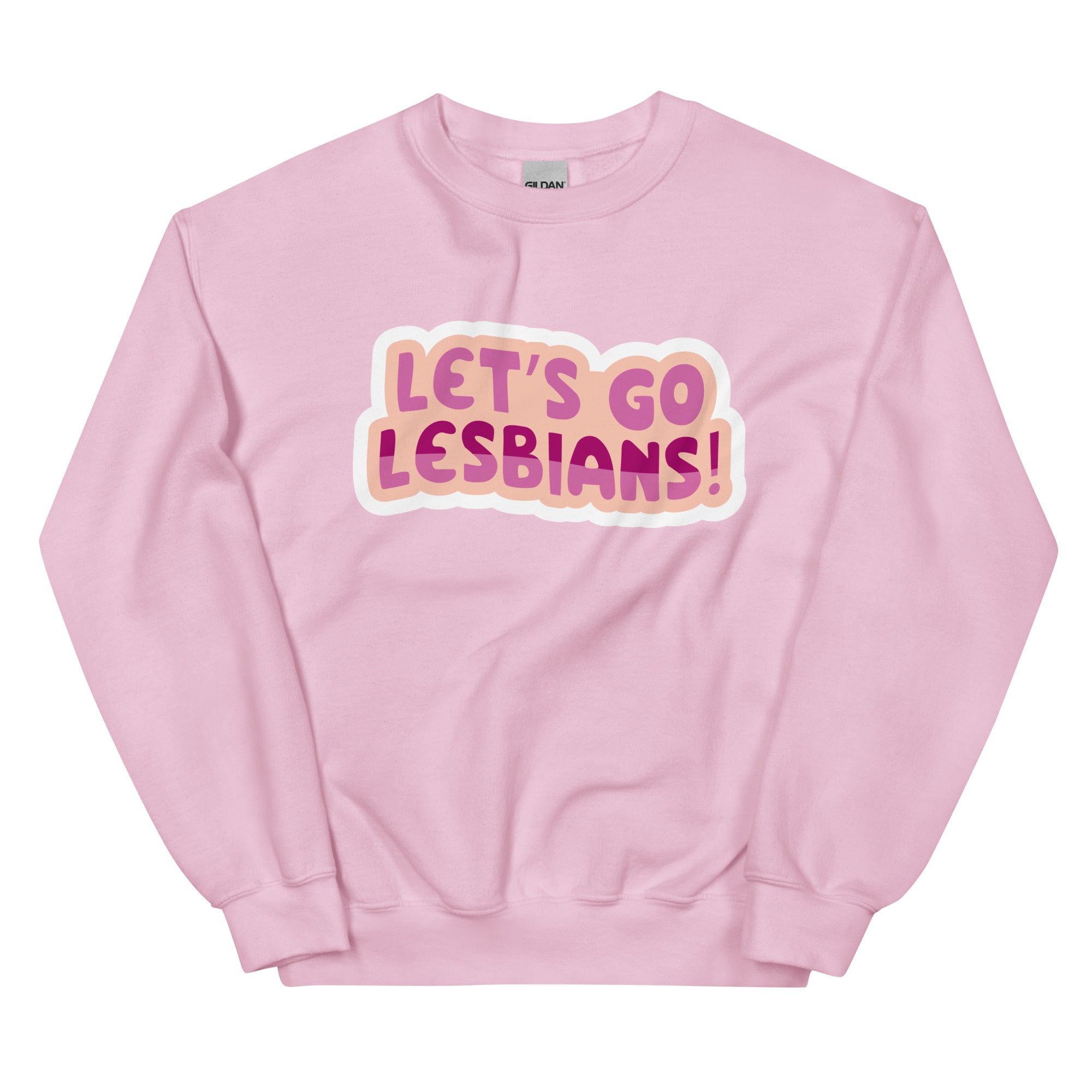 Let's Go Lesbians crewneck sweatshirt, light pink, front view — Rose Gold Co