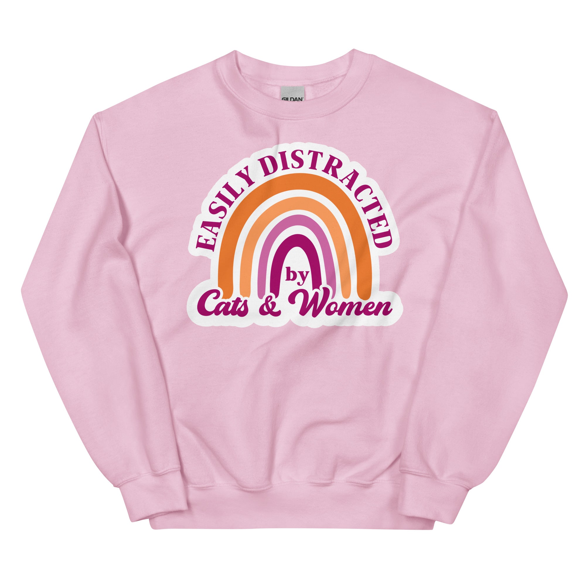 Easily Distracted by Cats & Women crewneck sweatshirt, light pink, front view — Rose Gold Co