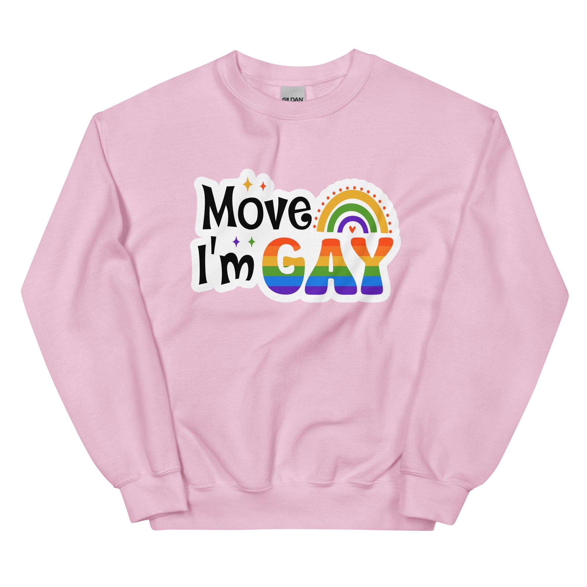 Move I'm Gay crewneck sweatshirt, light pink, front view — Rose Gold Co