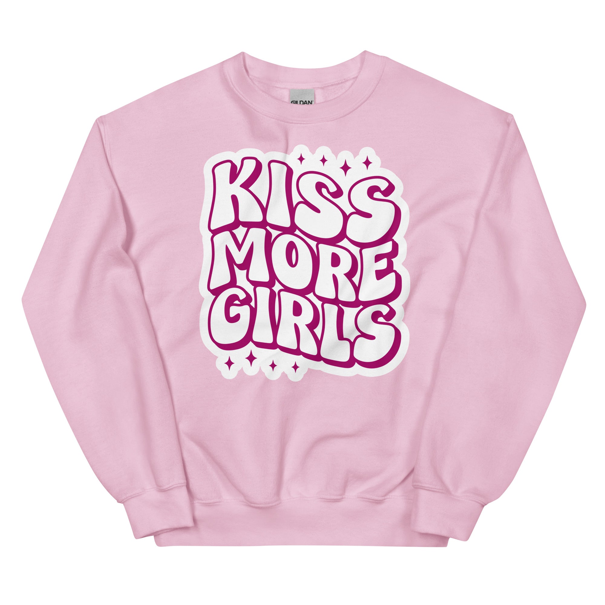 Kiss More Girls crewneck sweatshirt, light pink, front view — Rose Gold Co