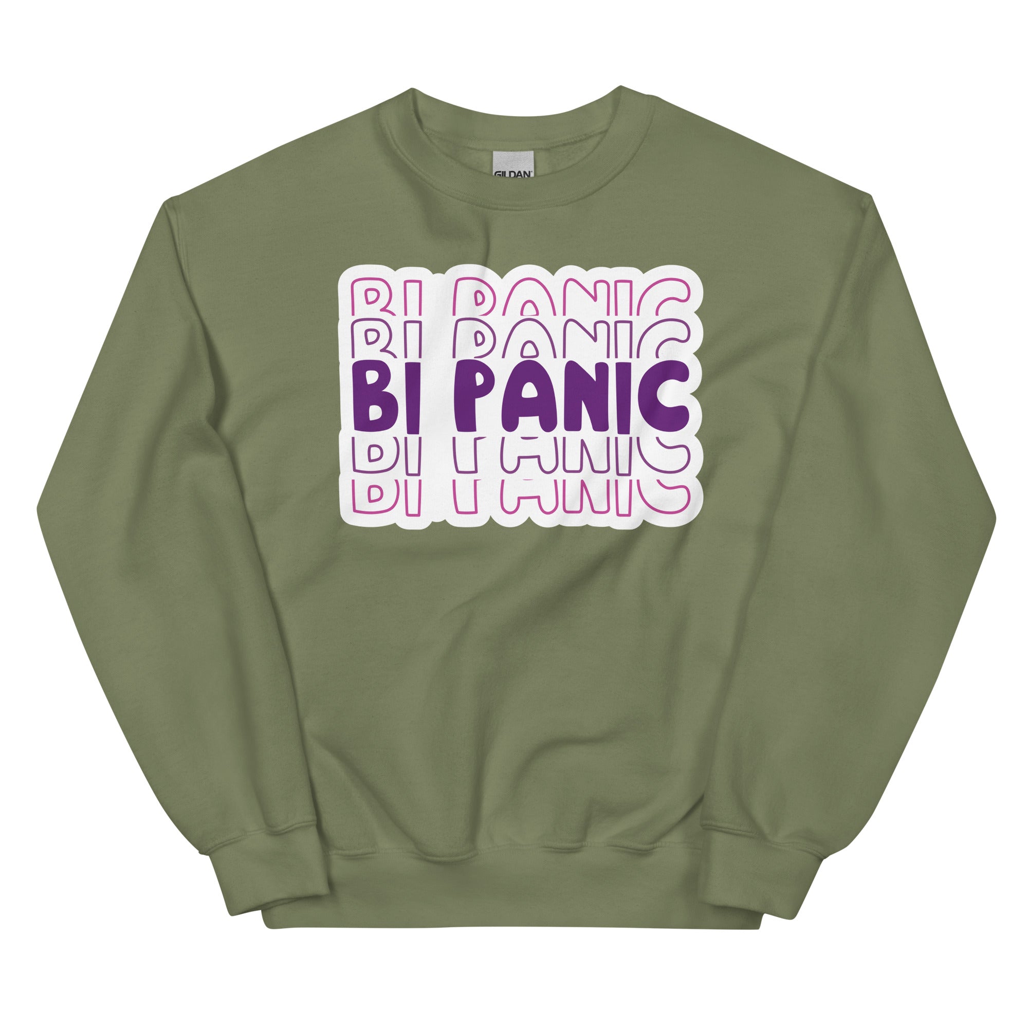 Bi Panic crewneck sweatshirt, military green, front view 2 — Rose Gold Co