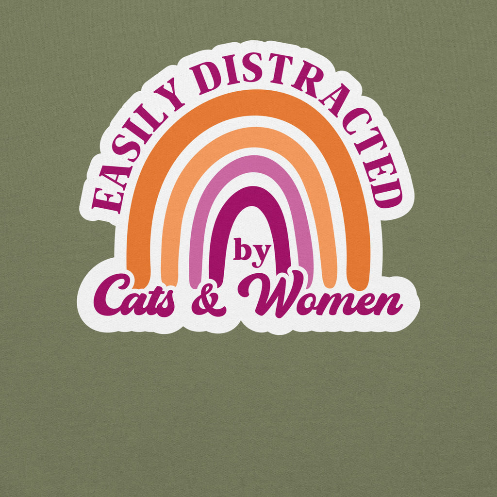 Easily Distracted by Cats & Women crewneck sweatshirt, military green, front view — Rose Gold Co