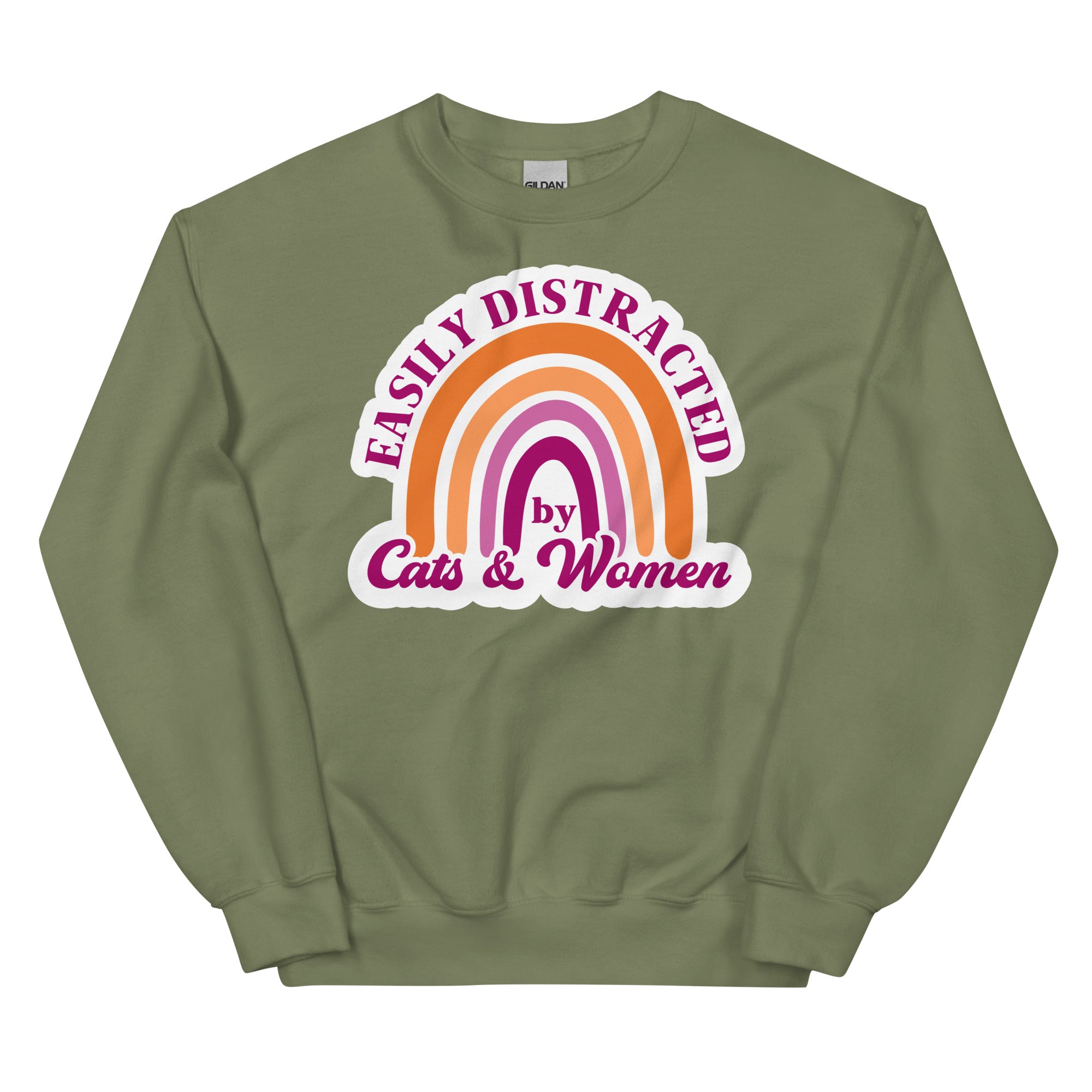 Easily Distracted by Cats & Women crewneck sweatshirt, military green, front view 2 — Rose Gold Co