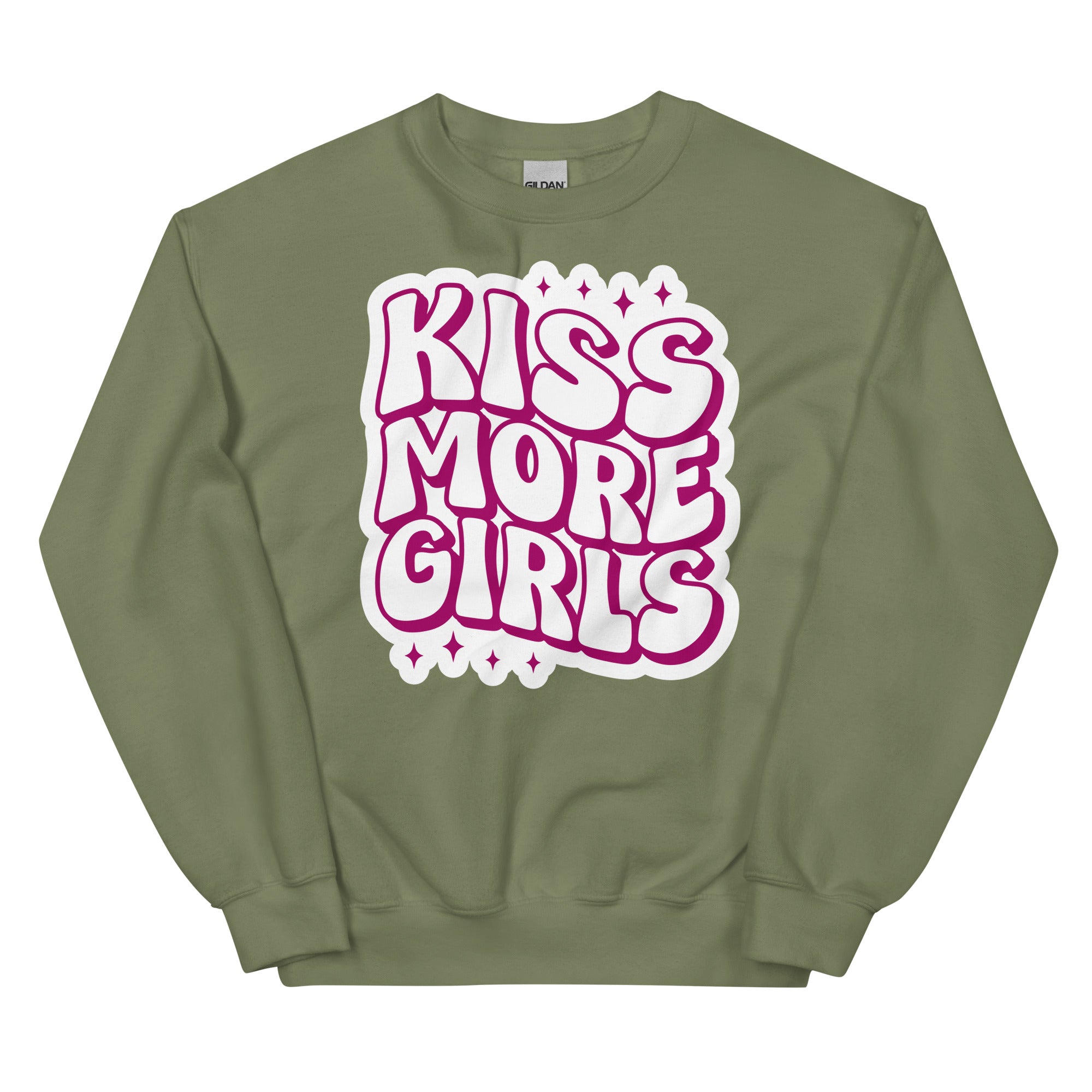 Kiss More Girls crewneck sweatshirt, military green, front view 2 — Rose Gold Co