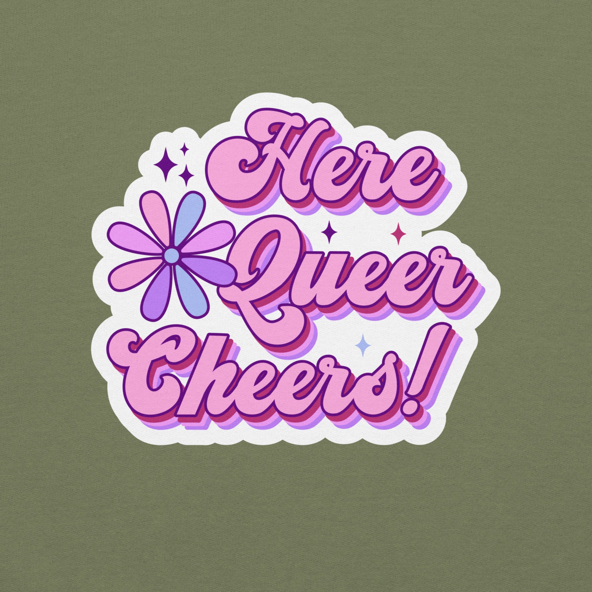 "Here, Queer, Cheers!" celebration crewneck sweatshirt, view 3 — Rose Gold Co