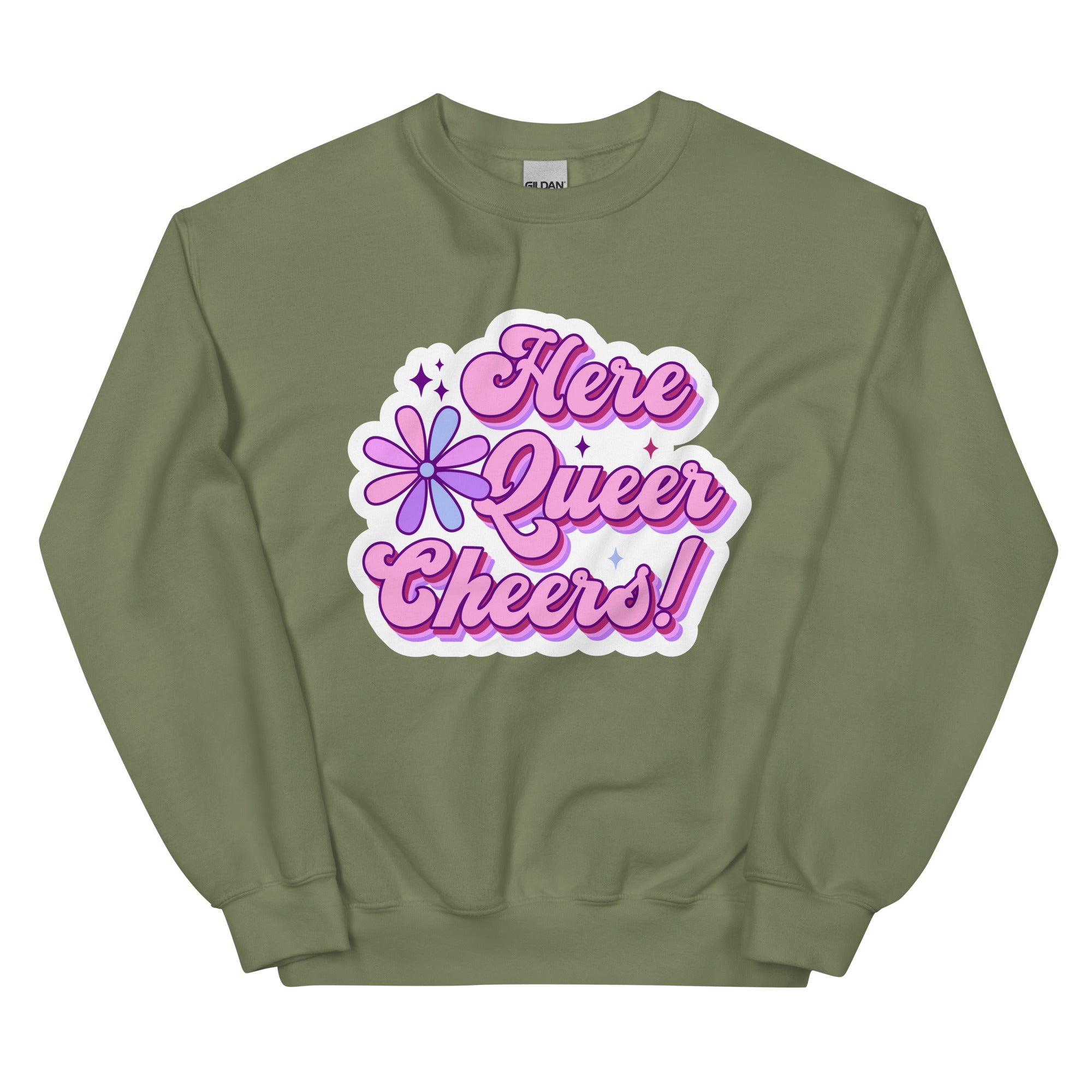 "Here, Queer, Cheers!" celebration crewneck sweatshirt, view 5 — Rose Gold Co