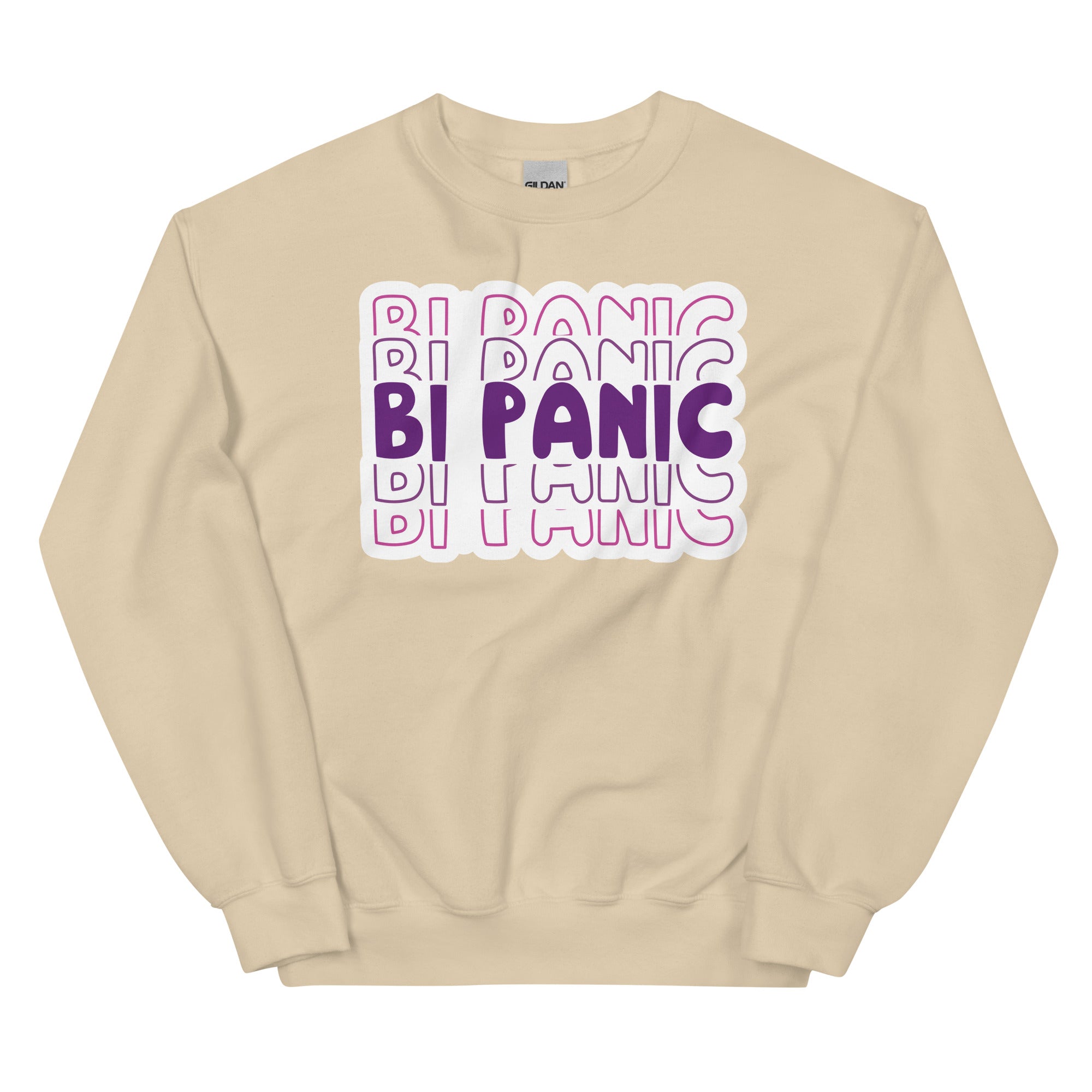 Bi Panic crewneck sweatshirt, sand, front view — Rose Gold Co