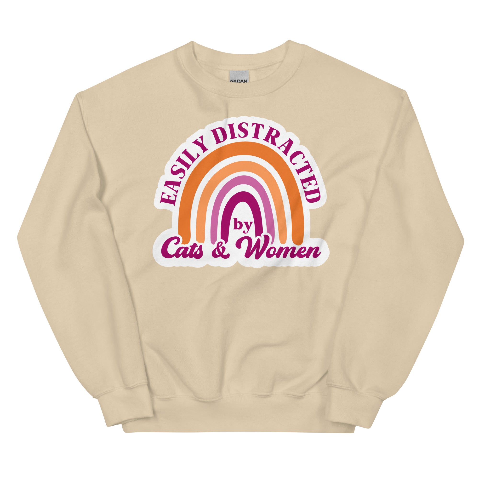 Easily Distracted by Cats & Women crewneck sweatshirt, sand, front view — Rose Gold Co