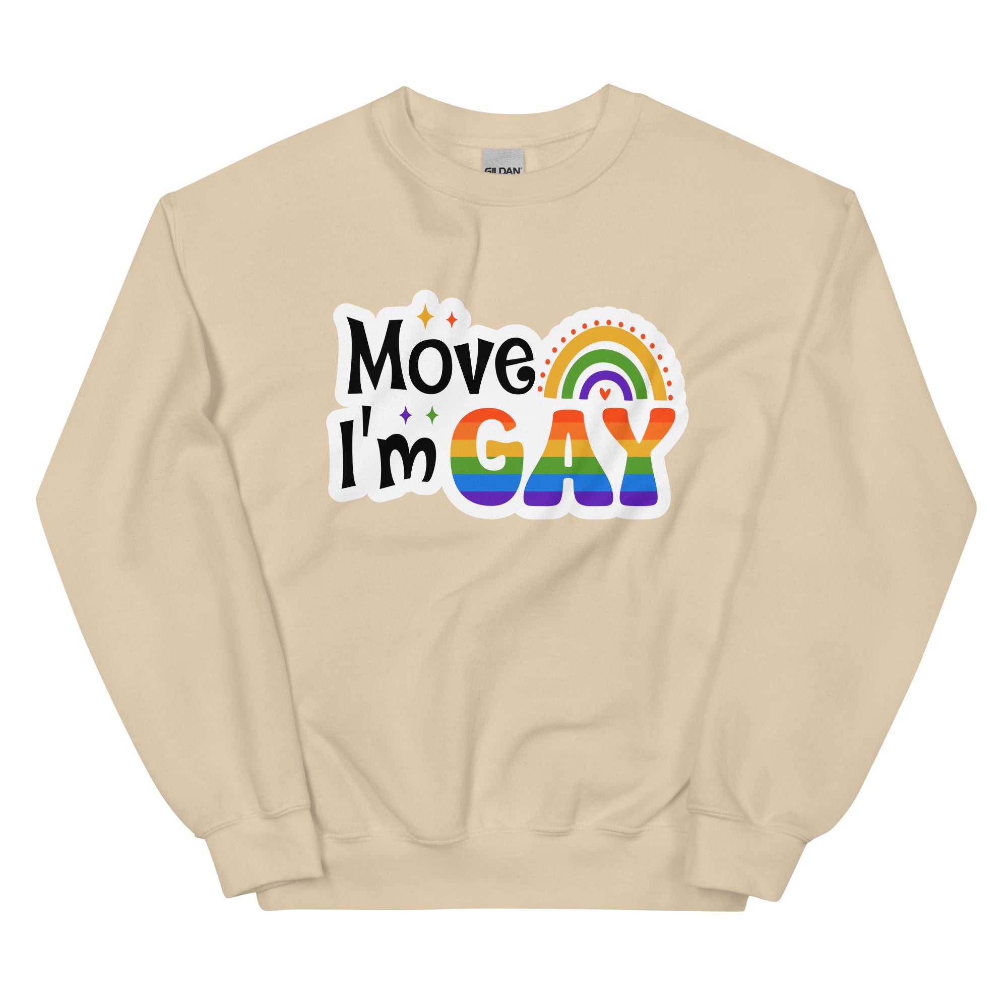 Move I'm Gay crewneck sweatshirt, sand, front view — Rose Gold Co