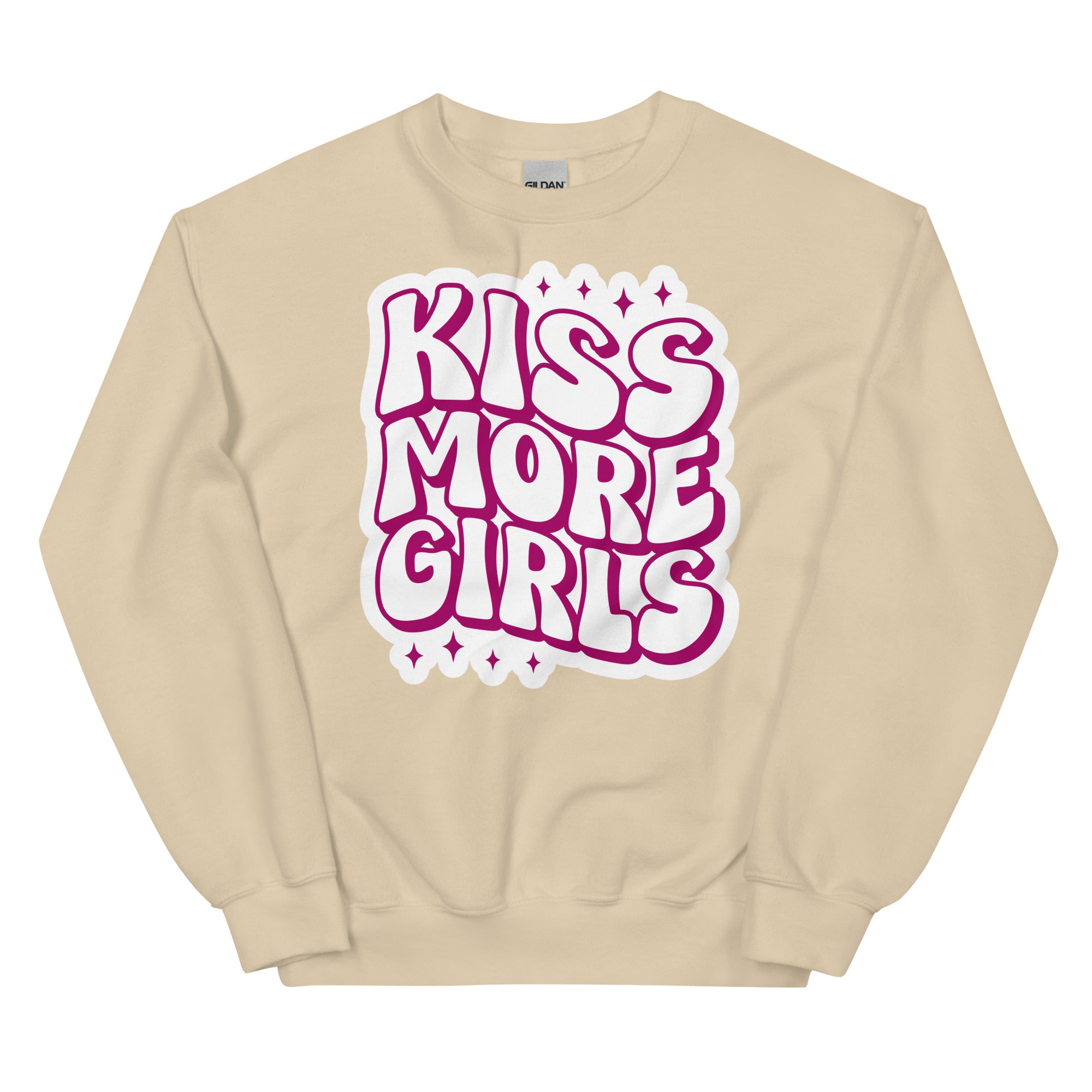 Kiss More Girls crewneck sweatshirt, sand, front view — Rose Gold Co