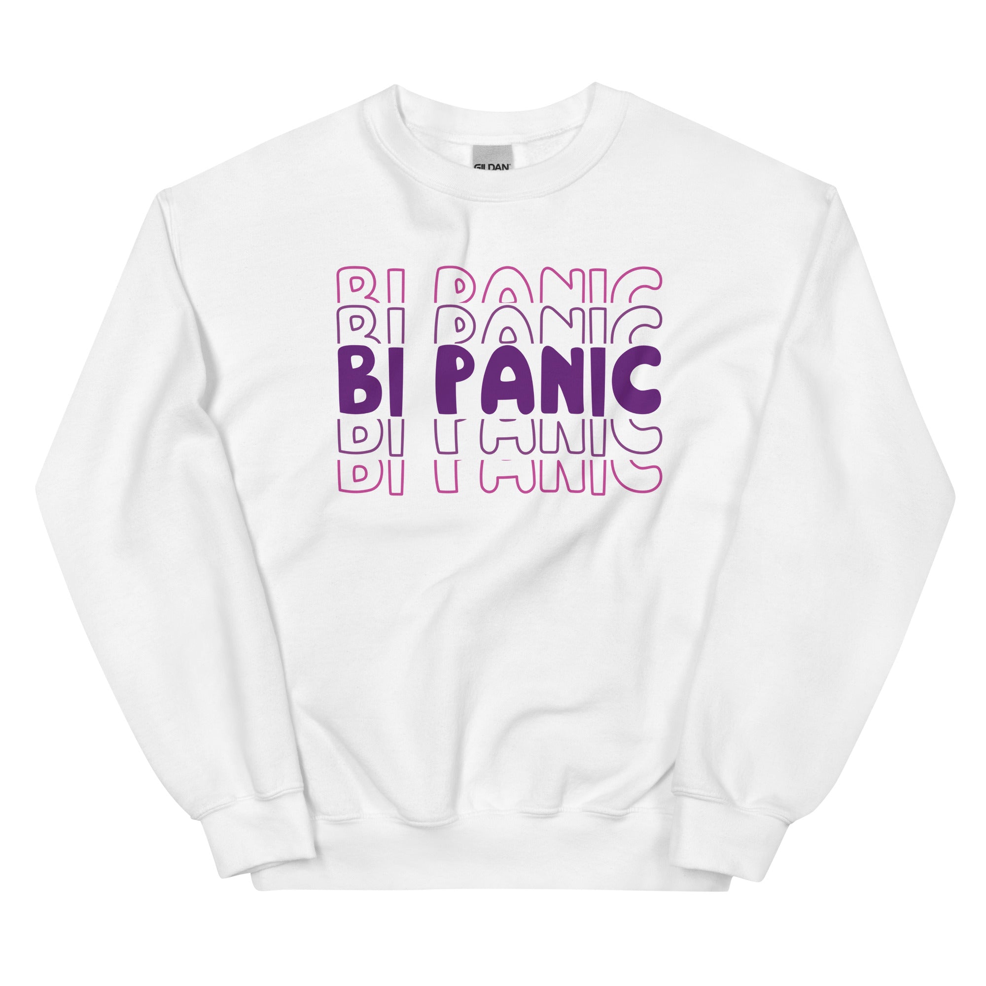 Bi Panic crewneck sweatshirt, white, front view — Rose Gold Co