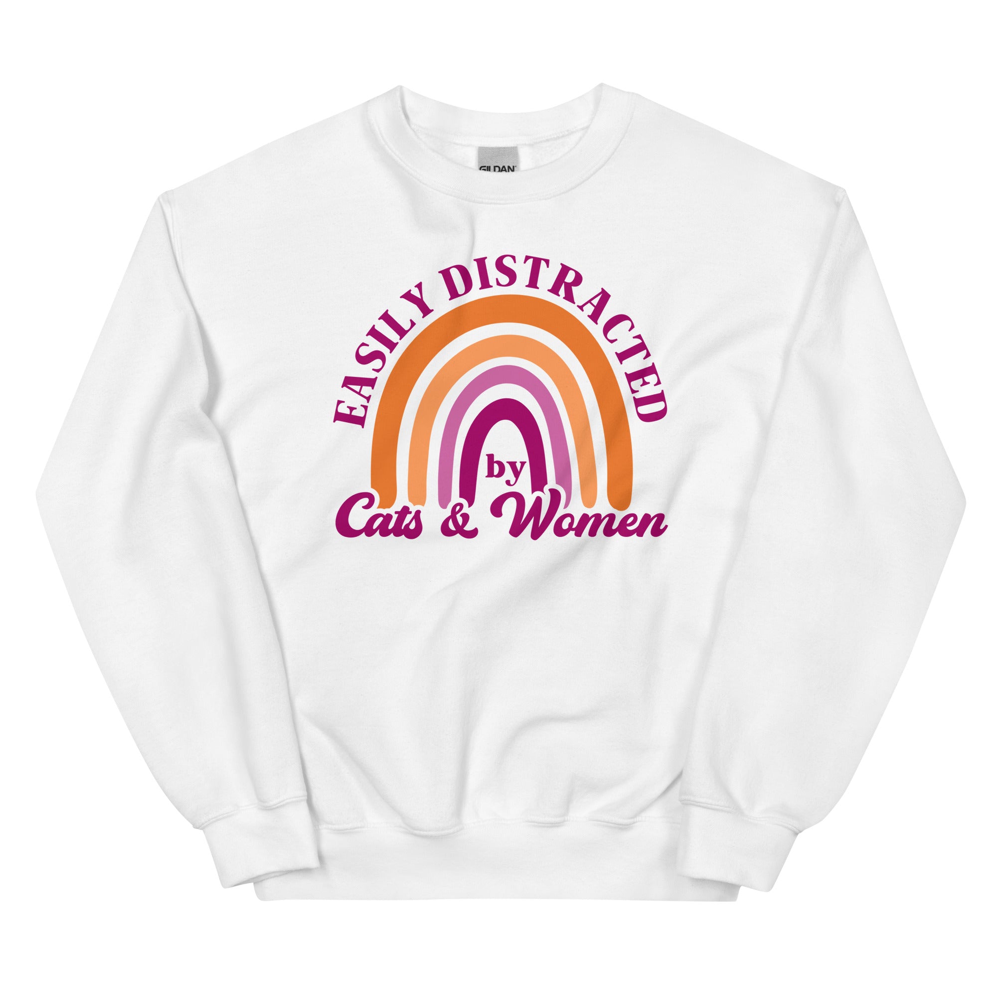 Easily Distracted by Cats & Women crewneck sweatshirt, white, front view — Rose Gold Co