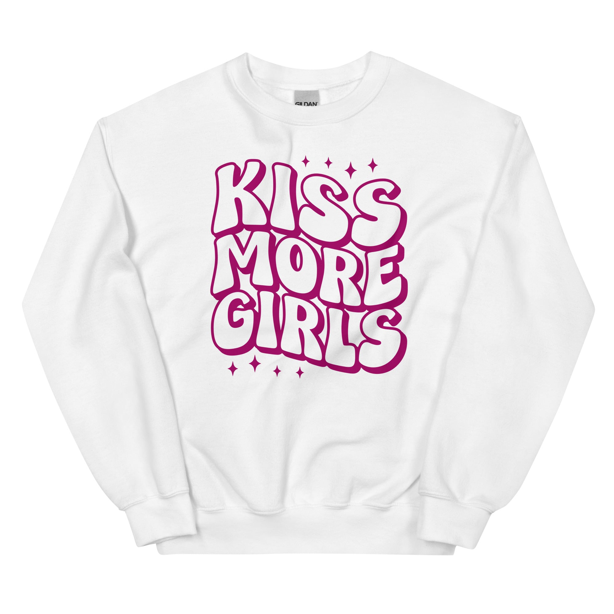 Kiss More Girls crewneck sweatshirt, white, front view — Rose Gold Co