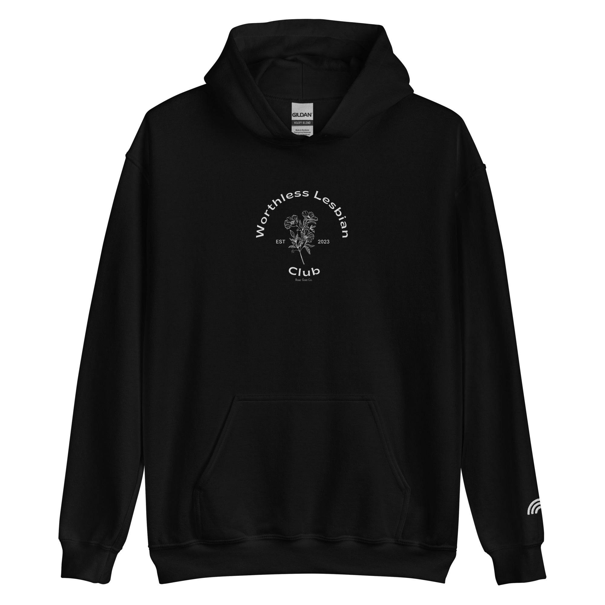 Worthless Lesbian Club hoodie, view 3 — Rose Gold Co