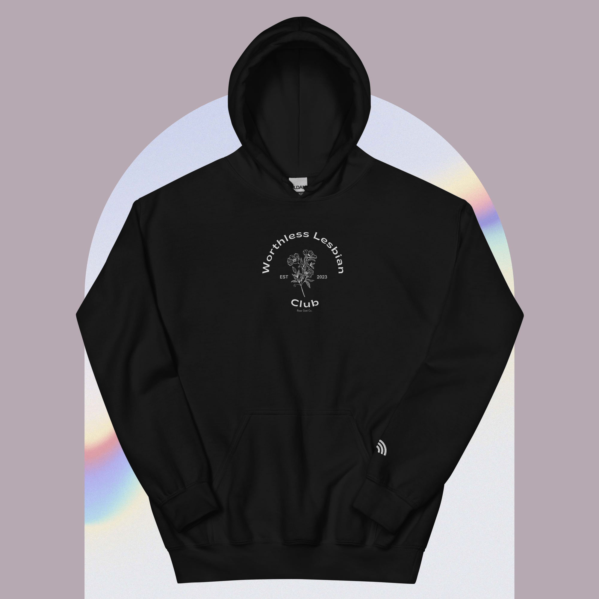Worthless Lesbian Club hoodie, front view — Rose Gold Co