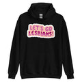 Let's Go Lesbians pride hoodie, black, front view — Rose Gold Co
