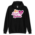 Live Laugh Lesbian pride hoodie, black, front view — Rose Gold Co