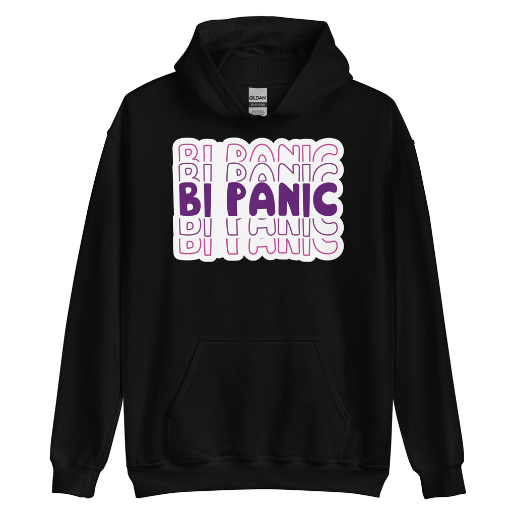 Bi Panic pride hoodie, black, front view 2 — Rose Gold Co
