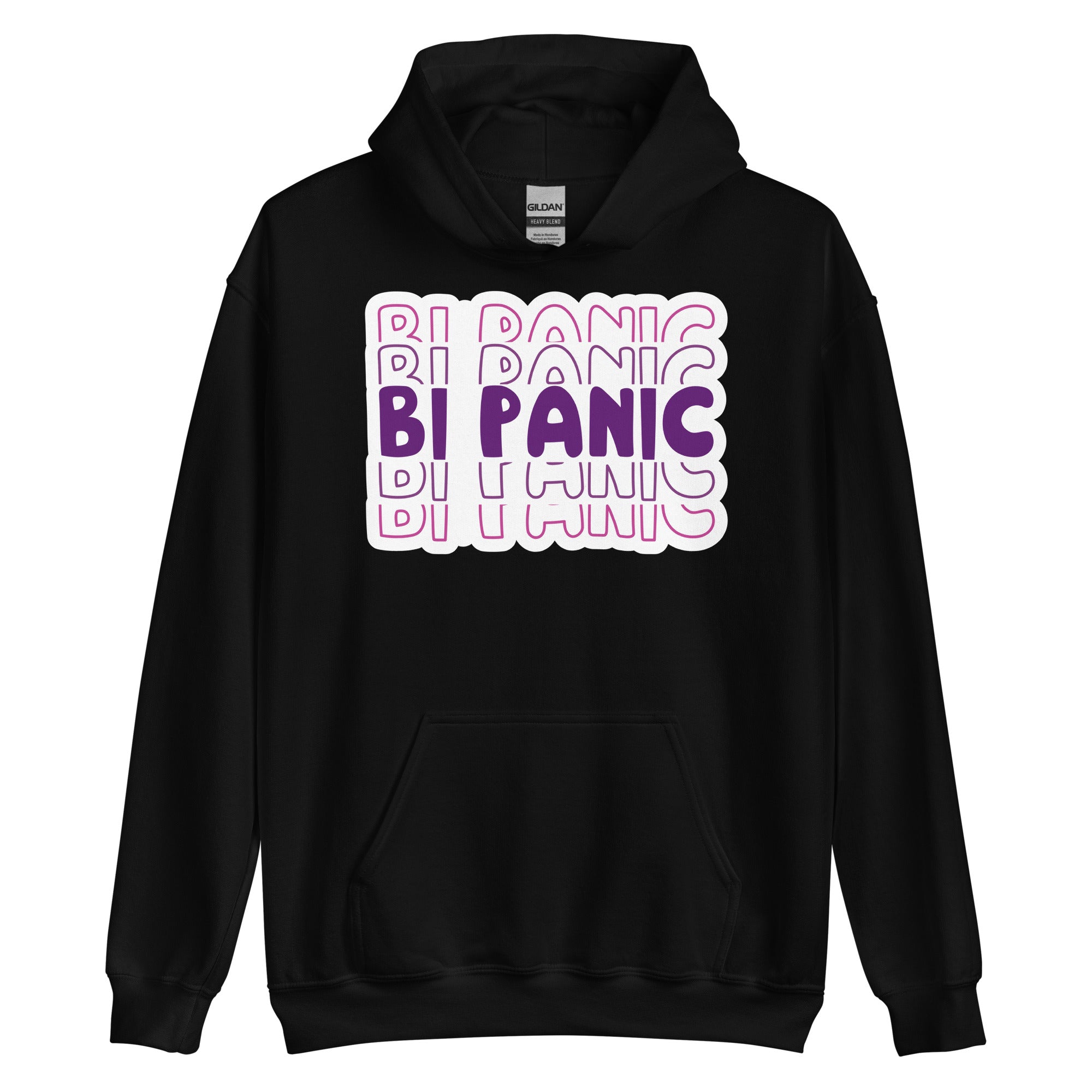 Bi Panic pride hoodie, black, front view 2 — Rose Gold Co