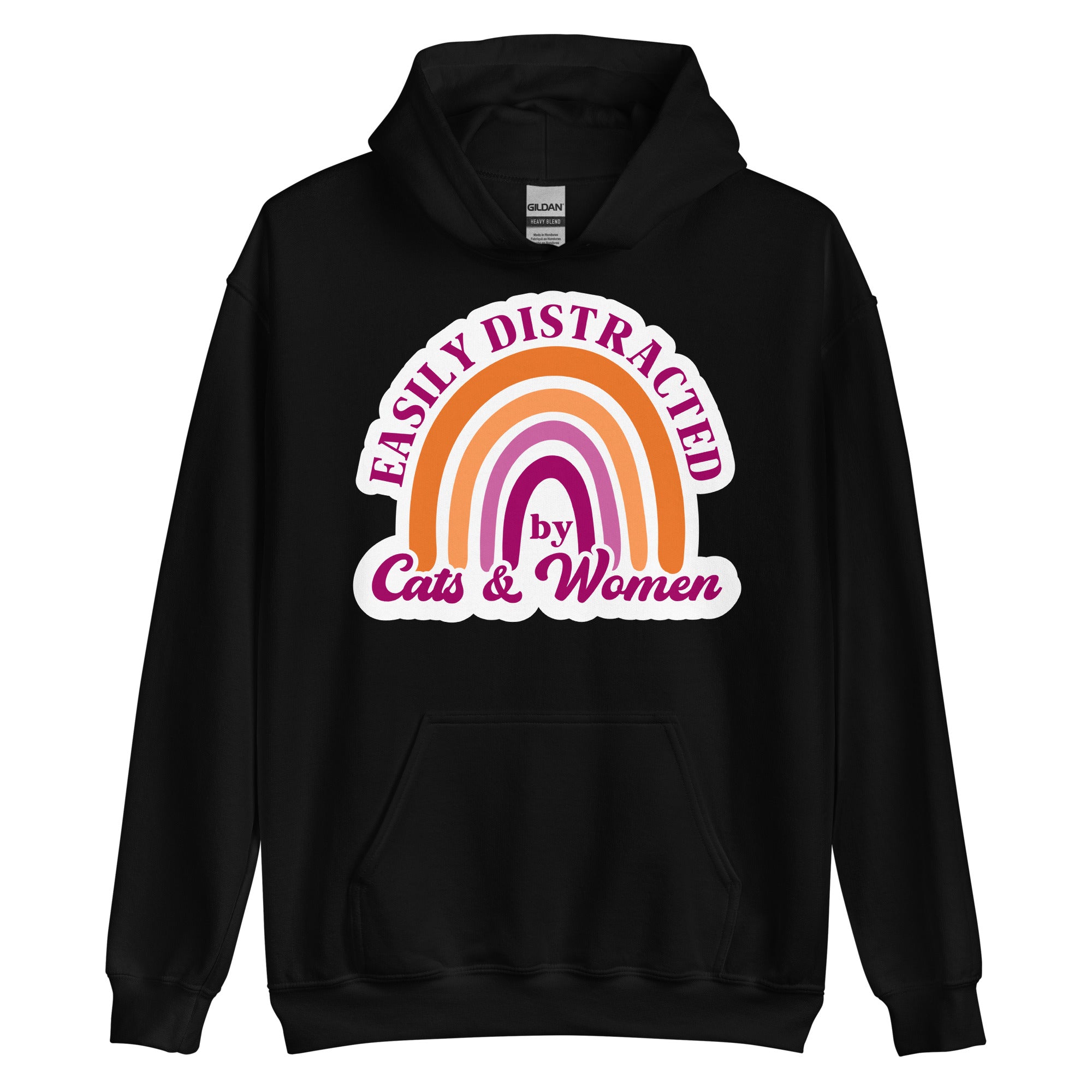Easily Distracted by Cats & Women pride hoodie, black, front view — Rose Gold Co