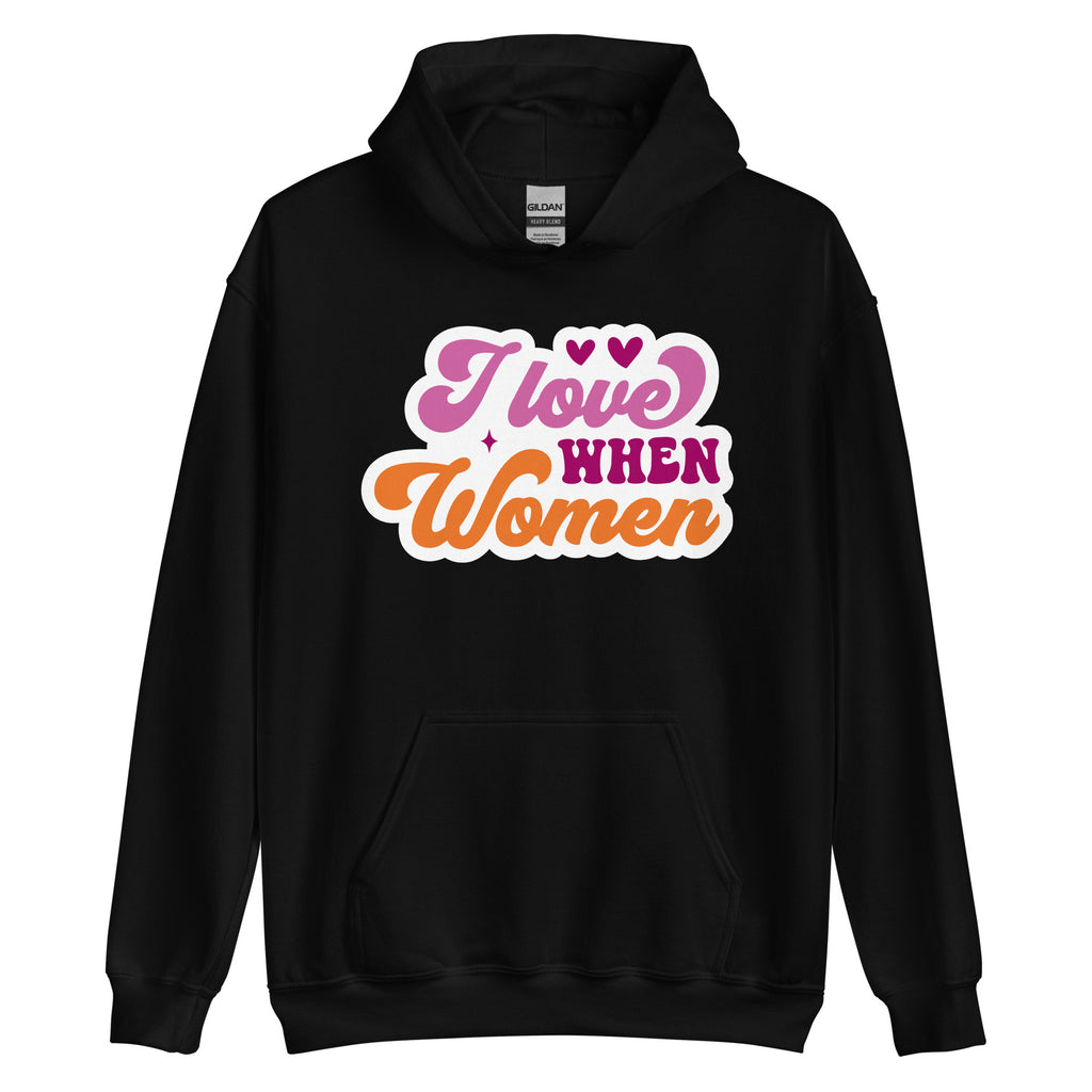 I Love When Women pride hoodie, black, front view 2 — Rose Gold Co