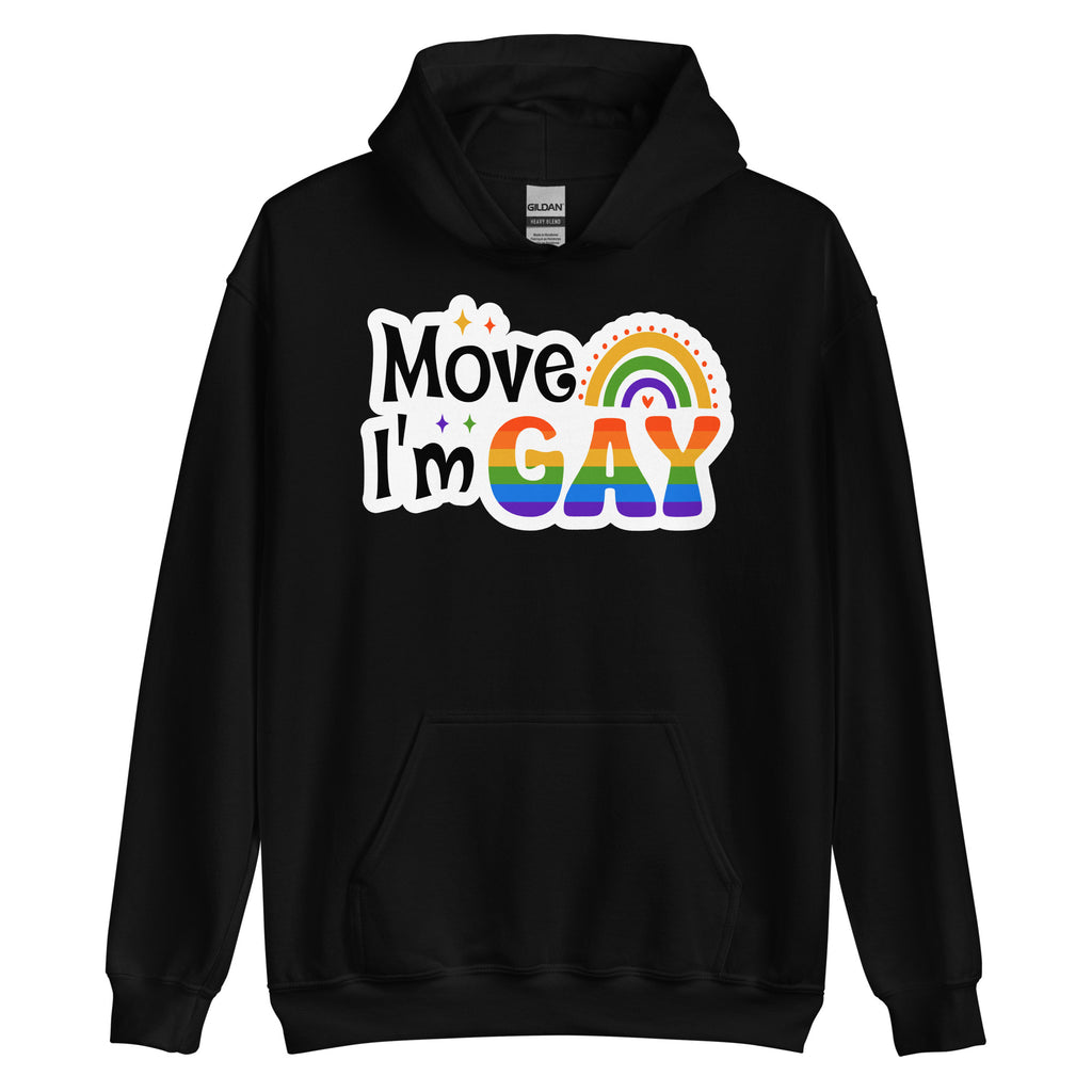 Move I'm Gay pride hoodie, black, front view 2 — Rose Gold Co
