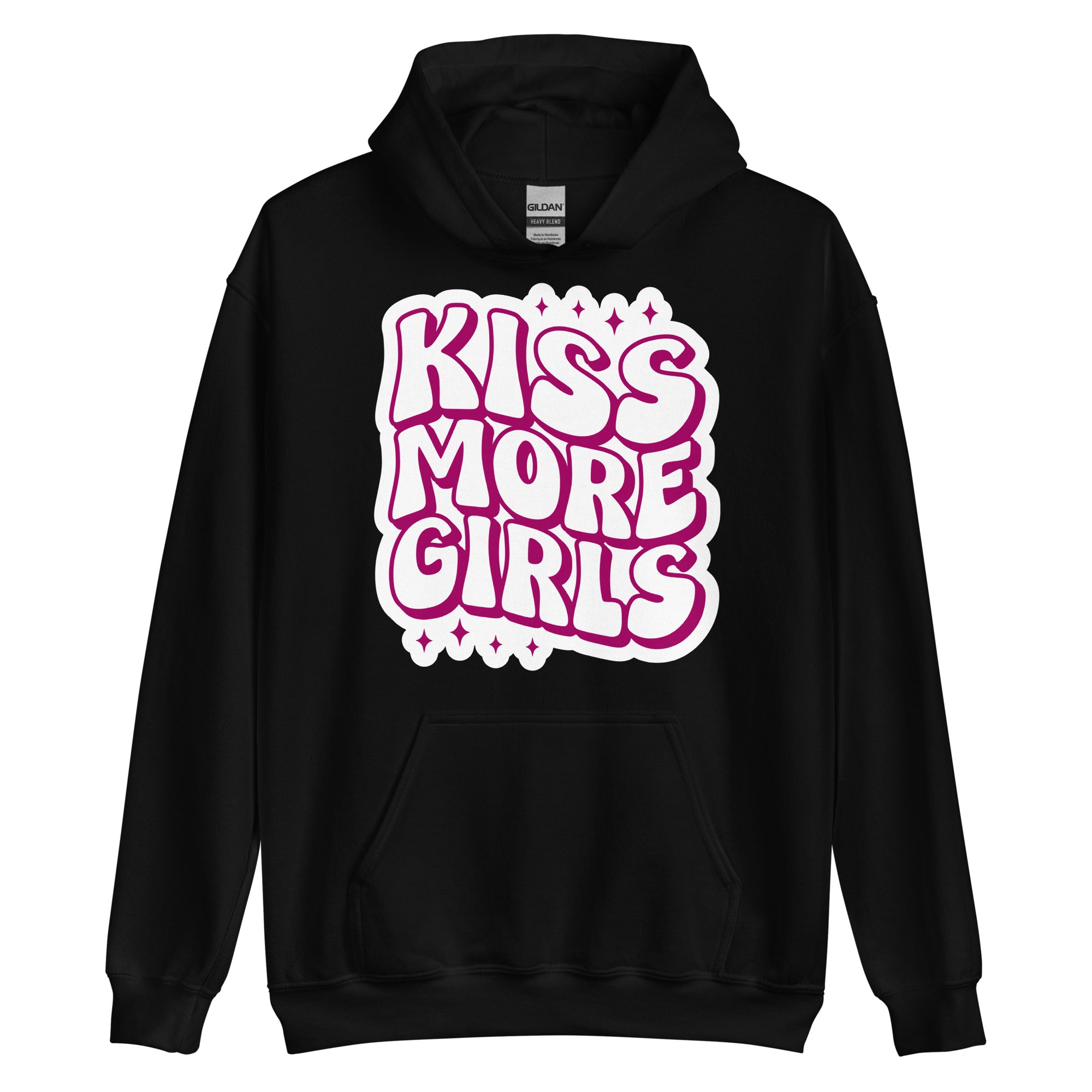 Kiss More Girls pride hoodie, black, front view 2 — Rose Gold Co