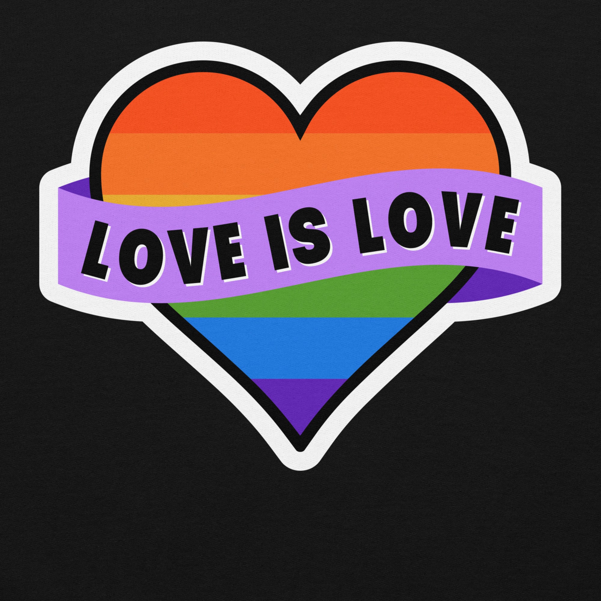 Love Is Love pride hoodie, black, front view — Rose Gold Co