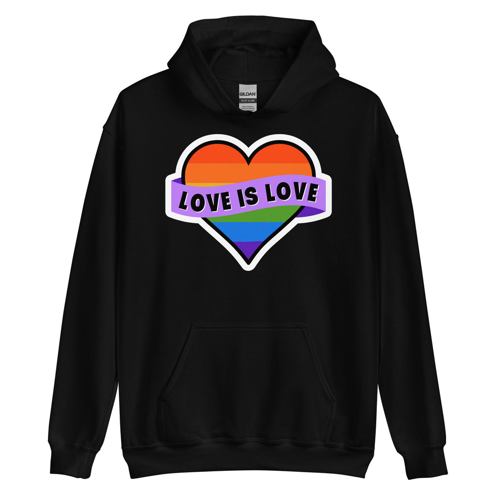 Love Is Love pride hoodie, black, front view 2 — Rose Gold Co